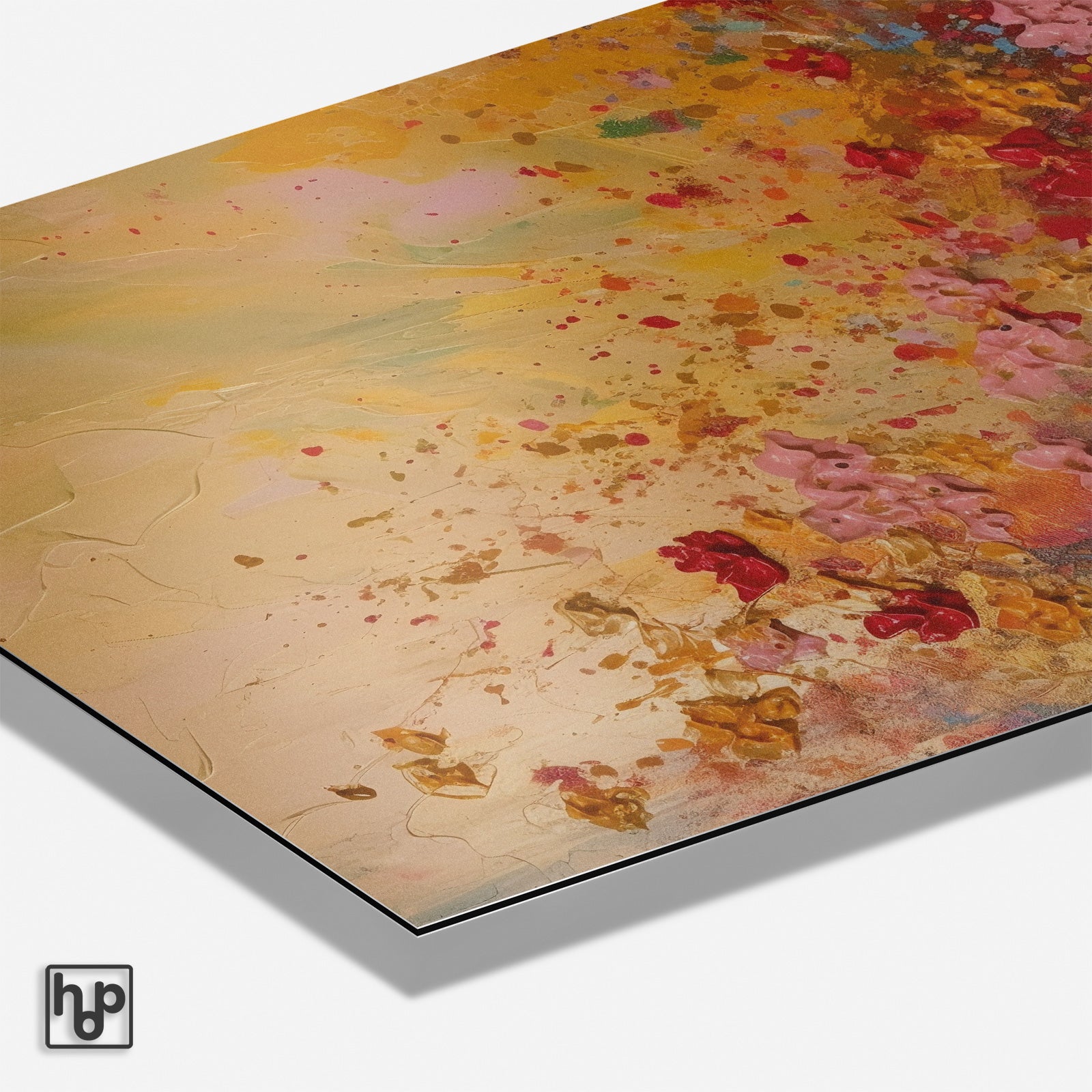 Detail van aluminium Dibond schilderij Bloemen spetters met matte afwerking en zichtbare paneelrand.