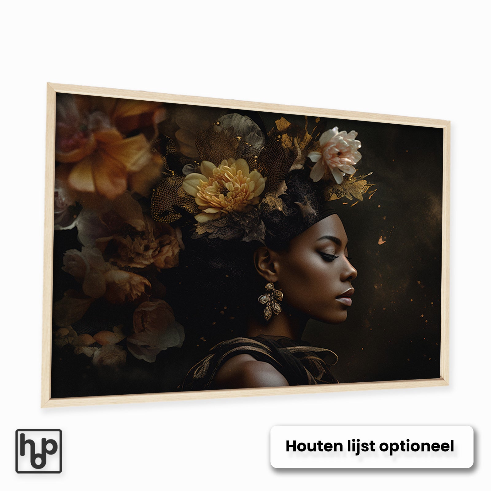 Aluminium Dibond schilderij Bloemen Vrouw 3 met een optionele naturel houten lijst.