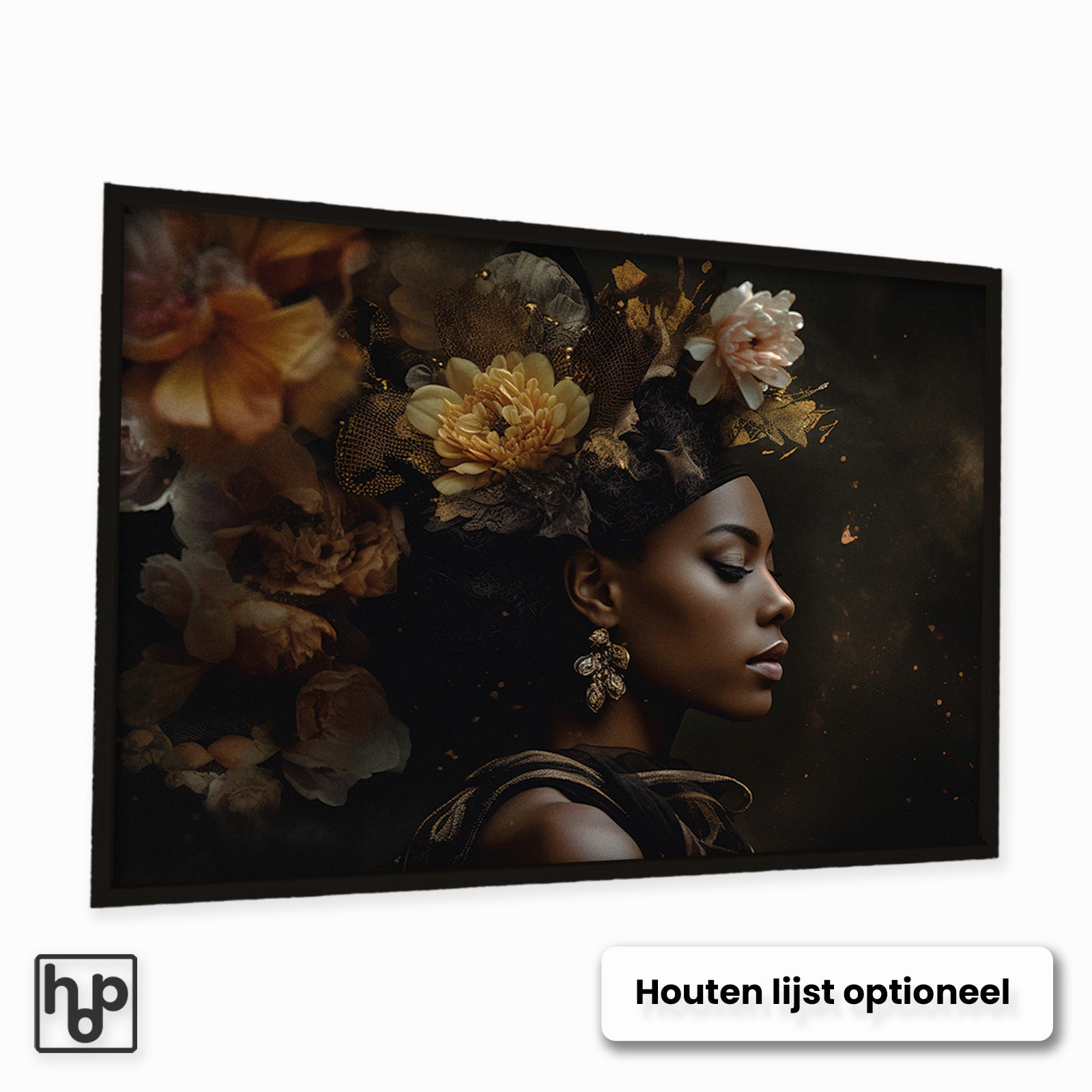 Aluminium Dibond schilderij Bloemen Vrouw 3 met een optionele zwarte houten lijst.