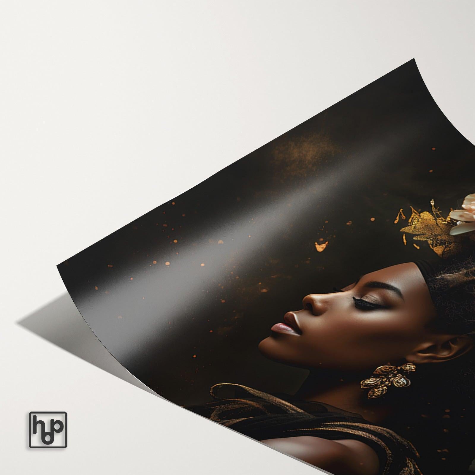 Detail van papieren poster Bloemen Vrouw 3 met een licht omkrullende hoek.