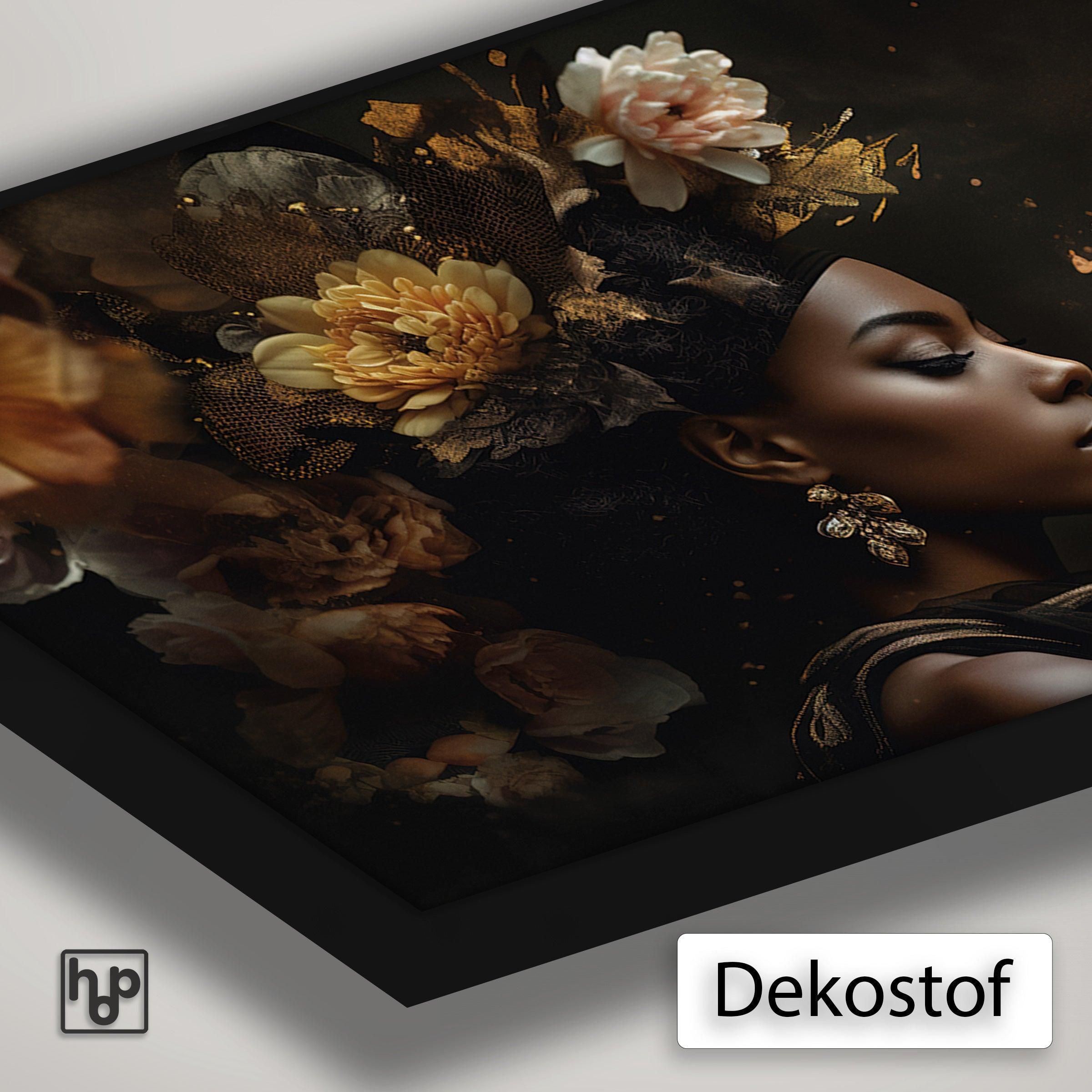 Detail van Artframe Bloemen Vrouw 3 met dekostof en een zwart aluminium frame.