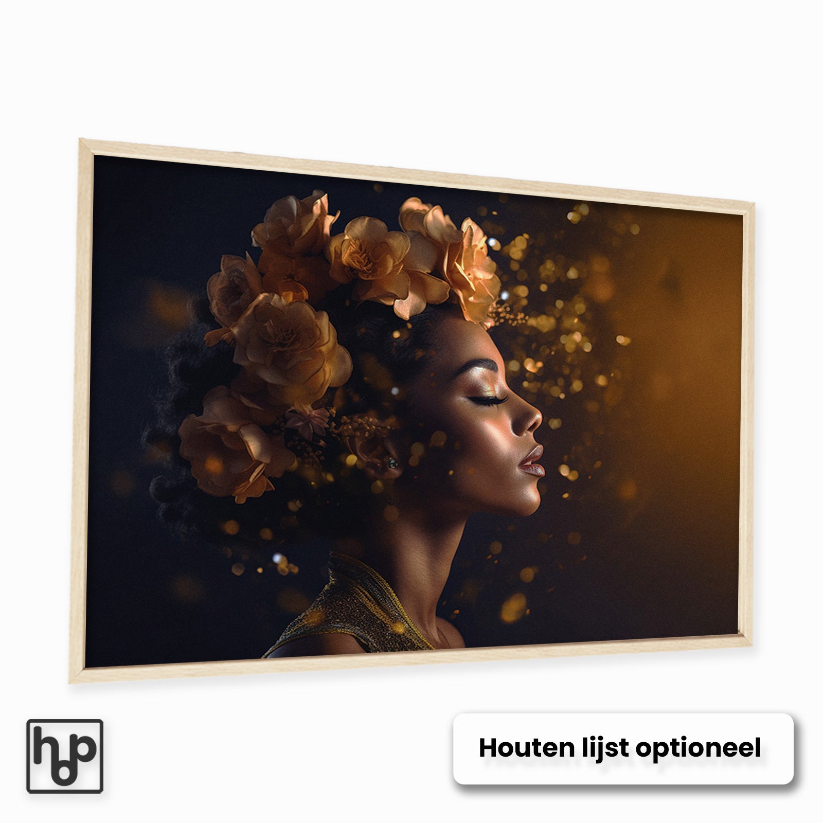 Aluminium Dibond schilderij Bloemen Vrouw 4 met een optionele naturel houten lijst.