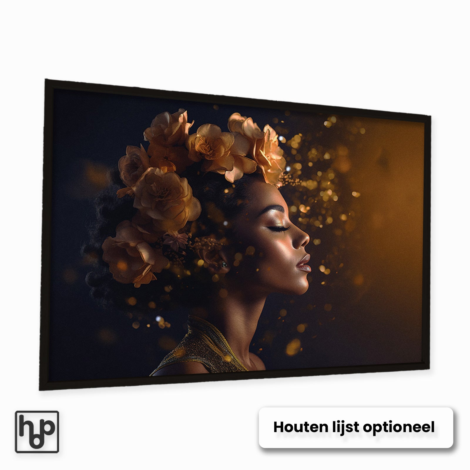 Aluminium Dibond schilderij Bloemen Vrouw 4 met een optionele zwarte houten lijst.