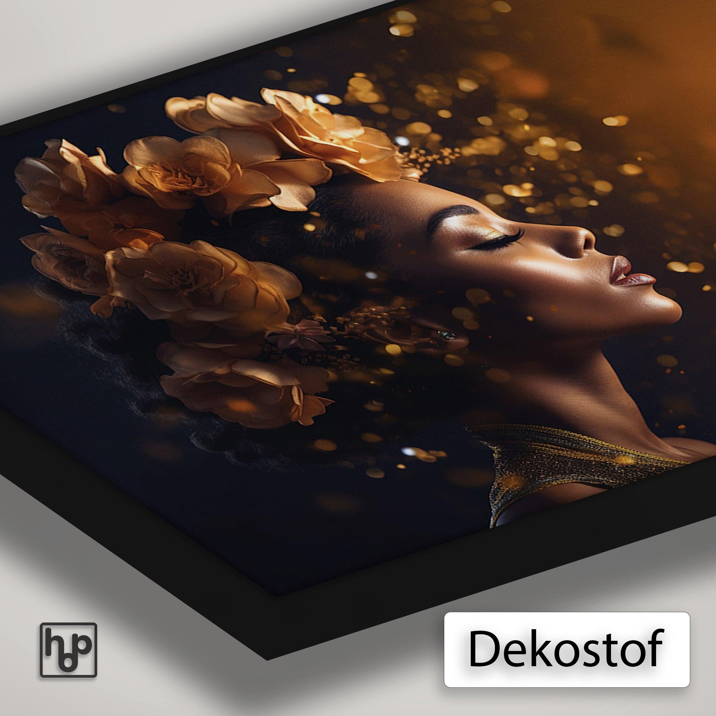 Detail van Artframe Bloemen Vrouw 4 met dekostof en een zwart aluminium frame.