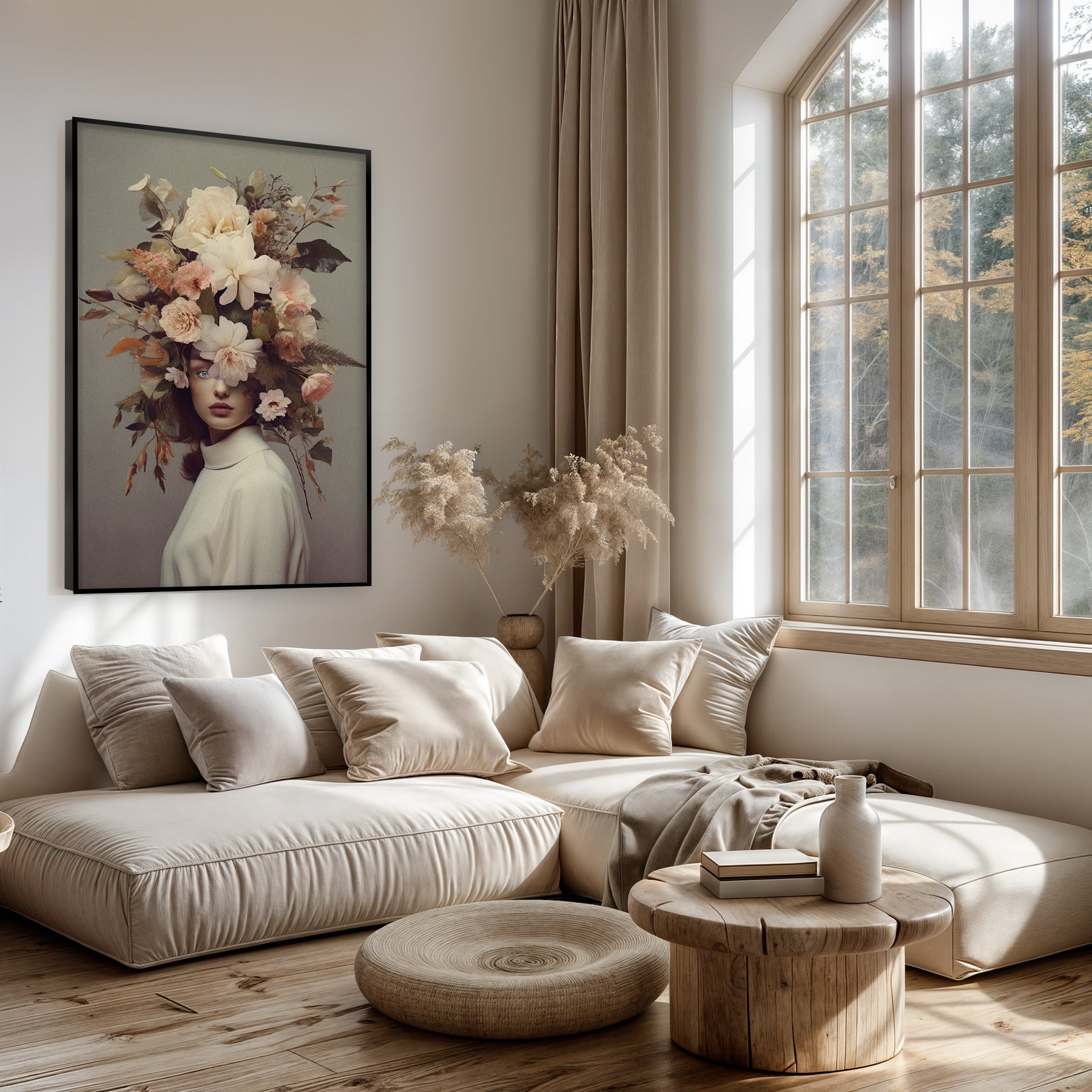 Artframe Bloemen Vrouw 5 boven een lichte bank in een woonkamer.