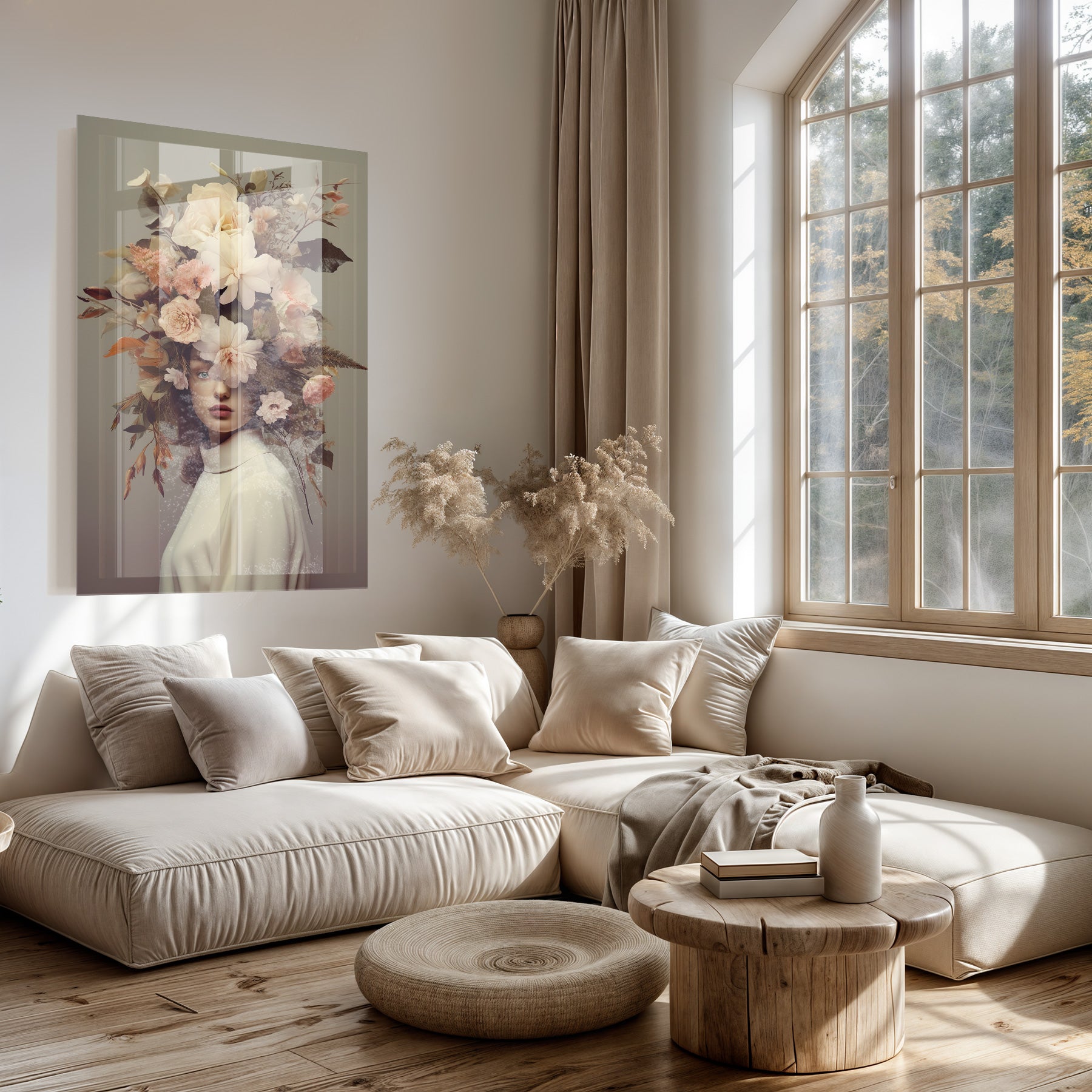 Plexiglas schilderij Bloemen Vrouw 5 boven een lichte bank in een woonkamer.