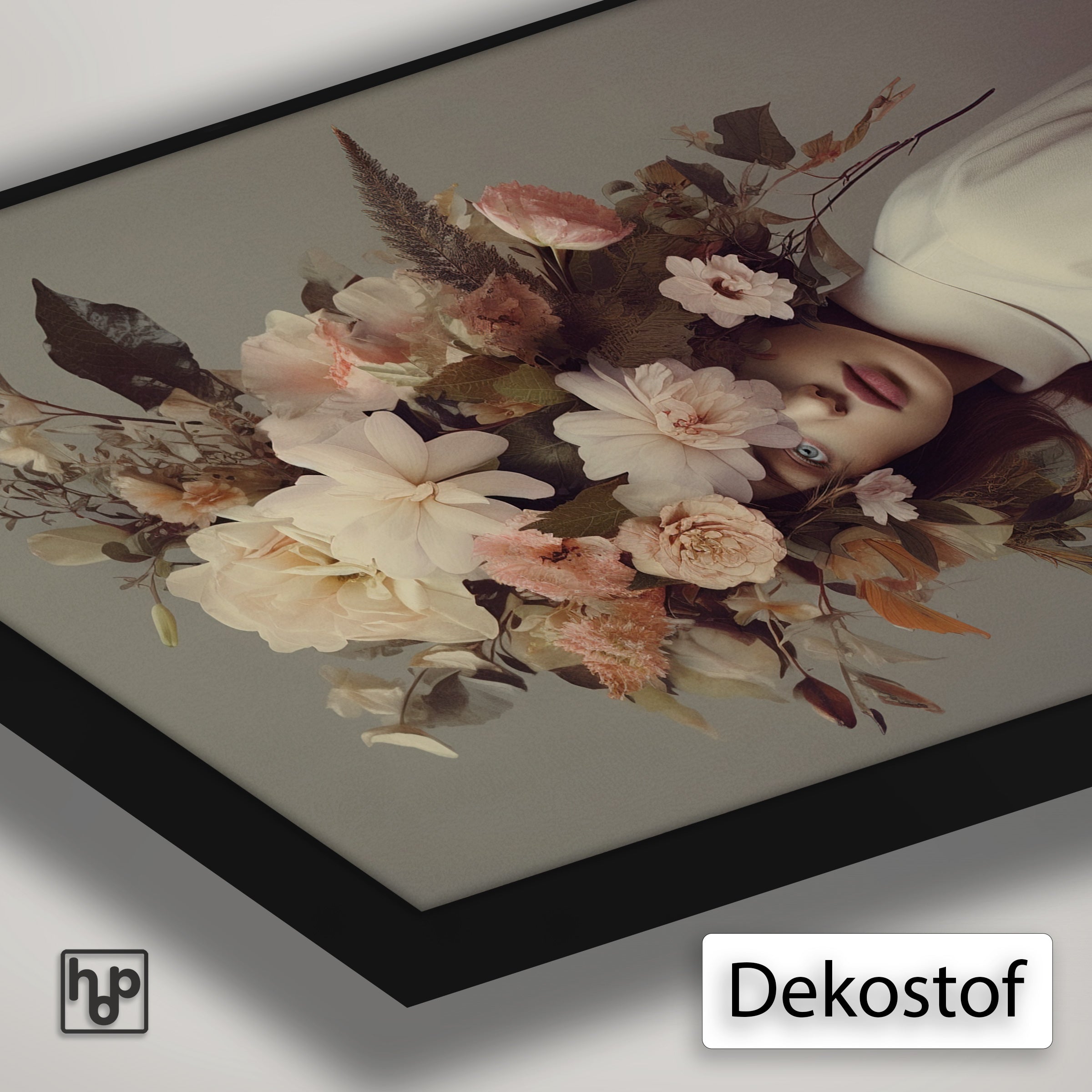 Detail van Artframe Bloemen Vrouw 5 met dekostof en een zwart aluminium frame.
