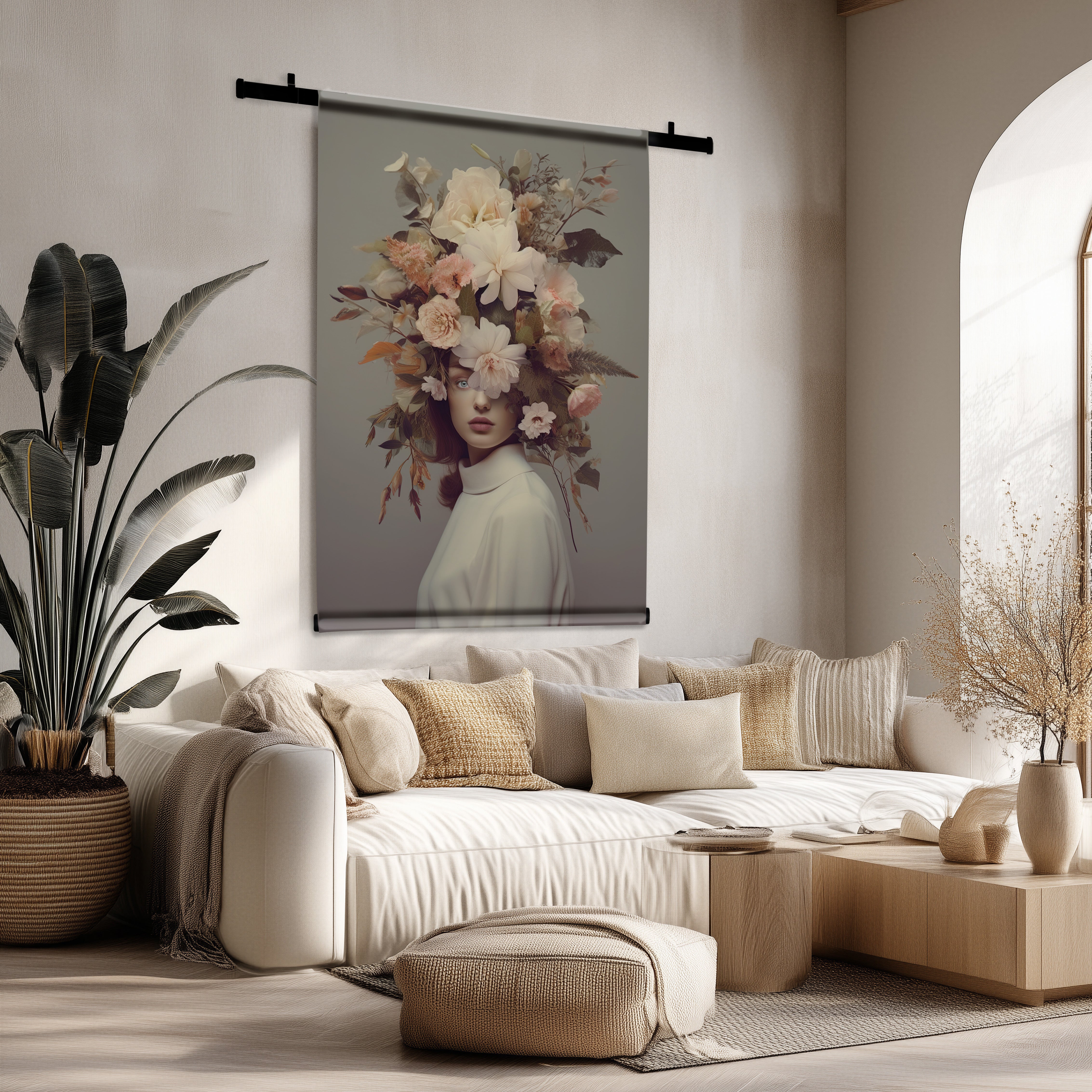 Groot wandkleed "Bloemen Vrouw 5" met vrouwelijk portret en weelderige bloemen in zachte tinten, hangend boven een lichte bank in een modern interieur.