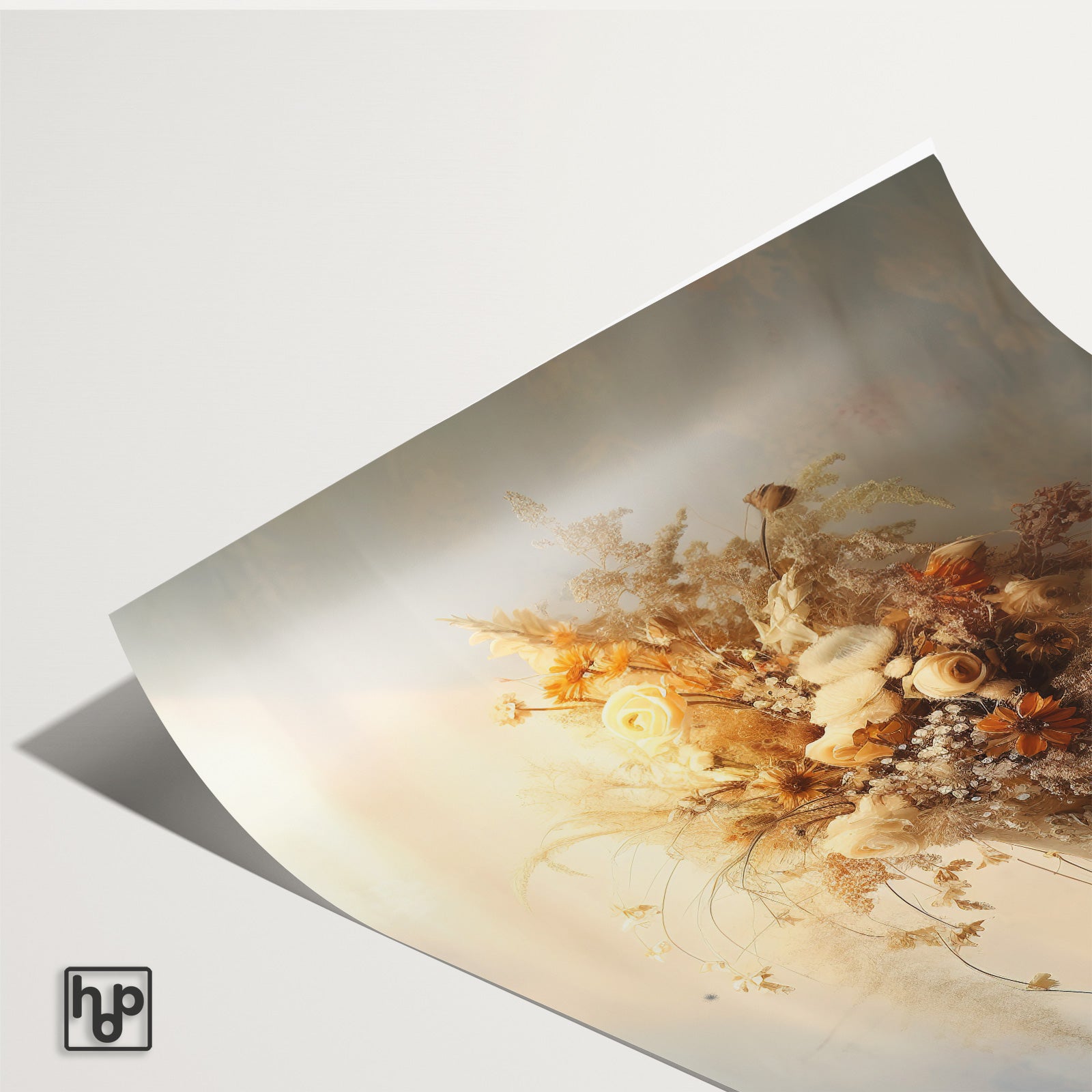 Detail van papieren poster Bloemen 10 met een licht omkrullende hoek.