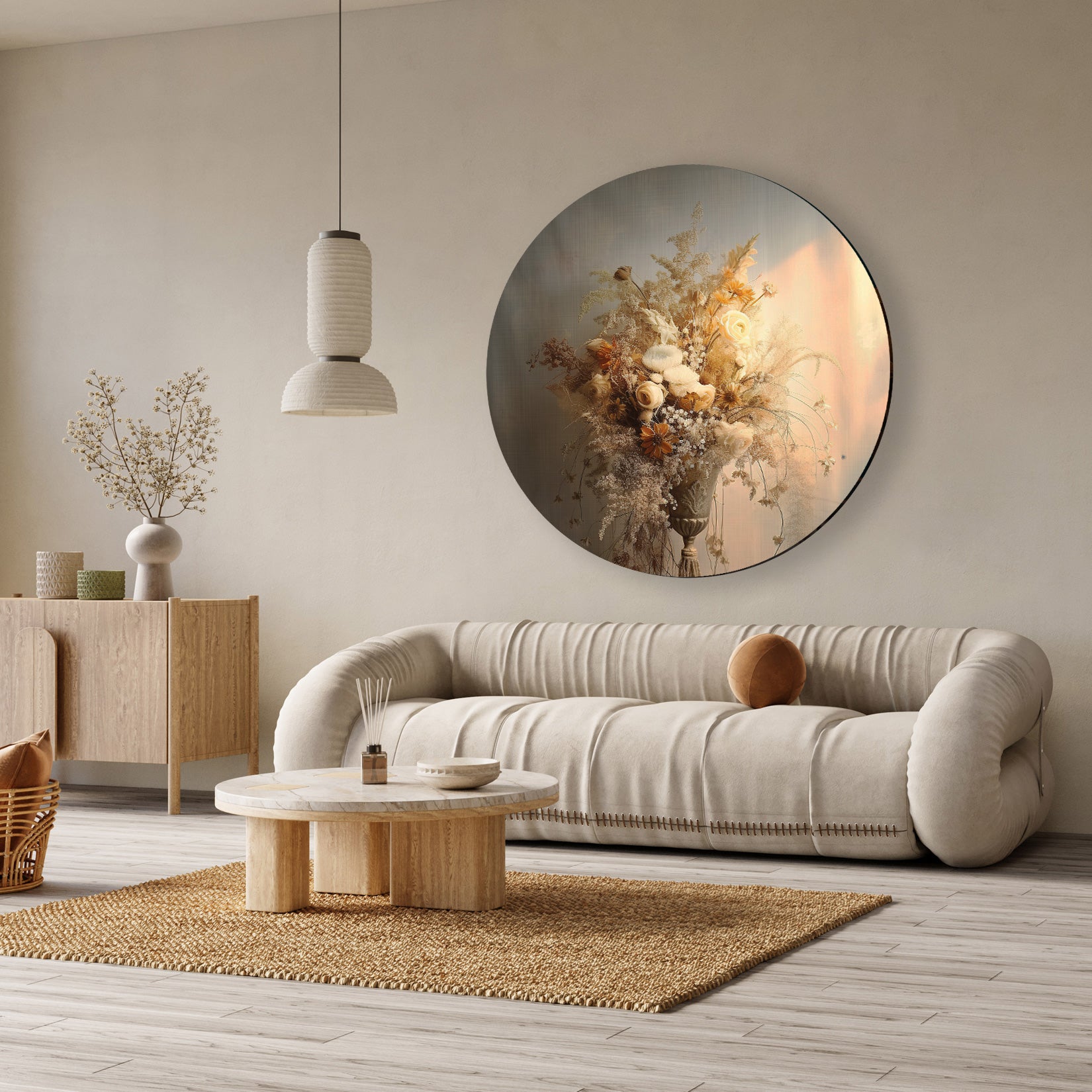Aluminium muurcirkel Bloemen 10 boven een beige bank in een lichte woonkamer.