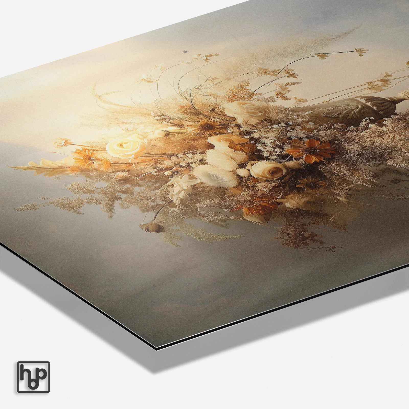 Detail van aluminium Dibond schilderij Bloemen 10 met matte afwerking en zichtbare paneelrand.