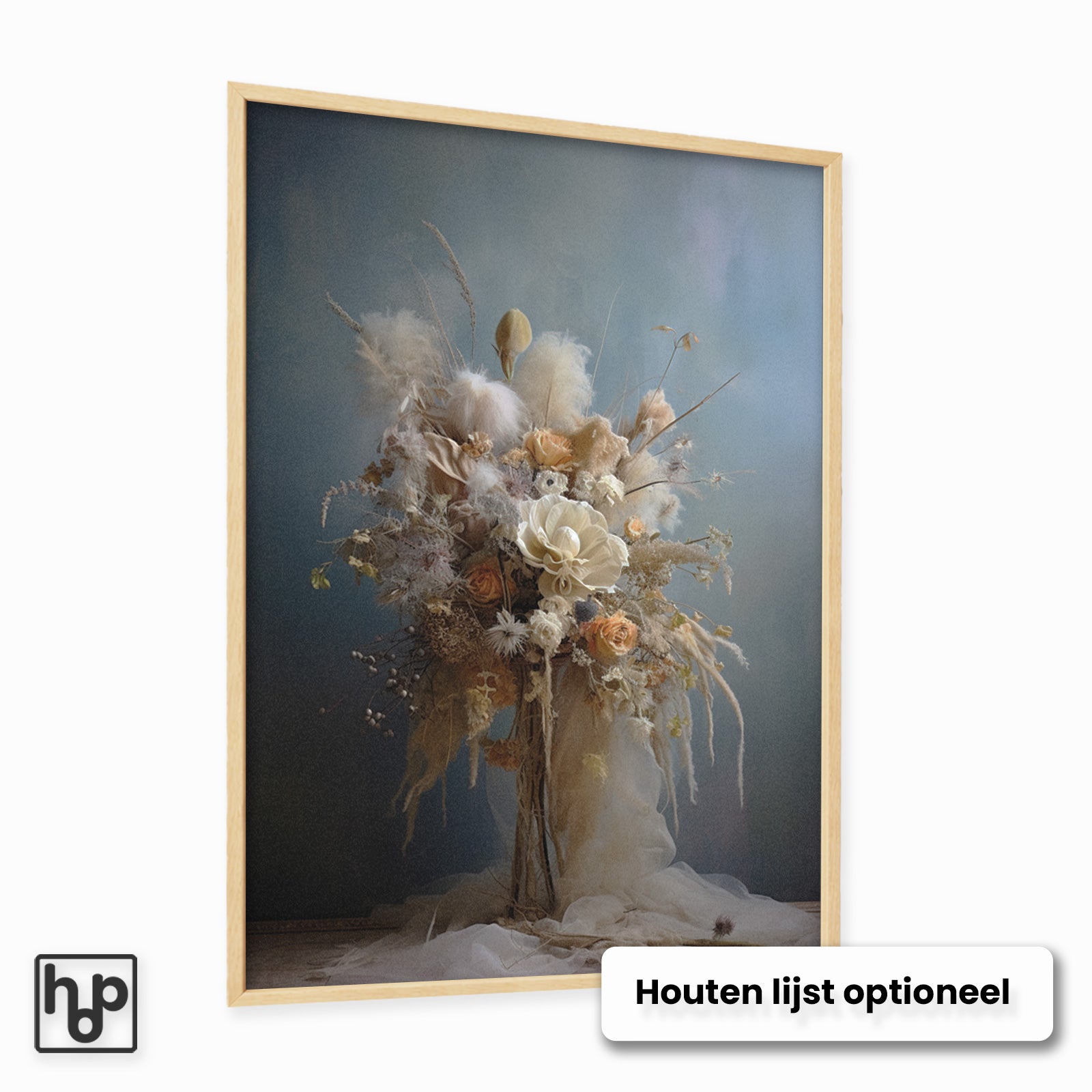 Bloemen 11 poster met vintage boeket van droogbloemen in zachte tinten, omringd door vlinders, in houten lijst.