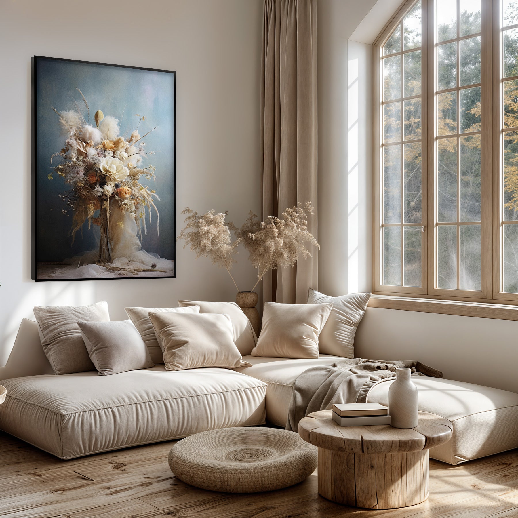 Artframe Bloemen 11 boven een lichte bank in een woonkamer.