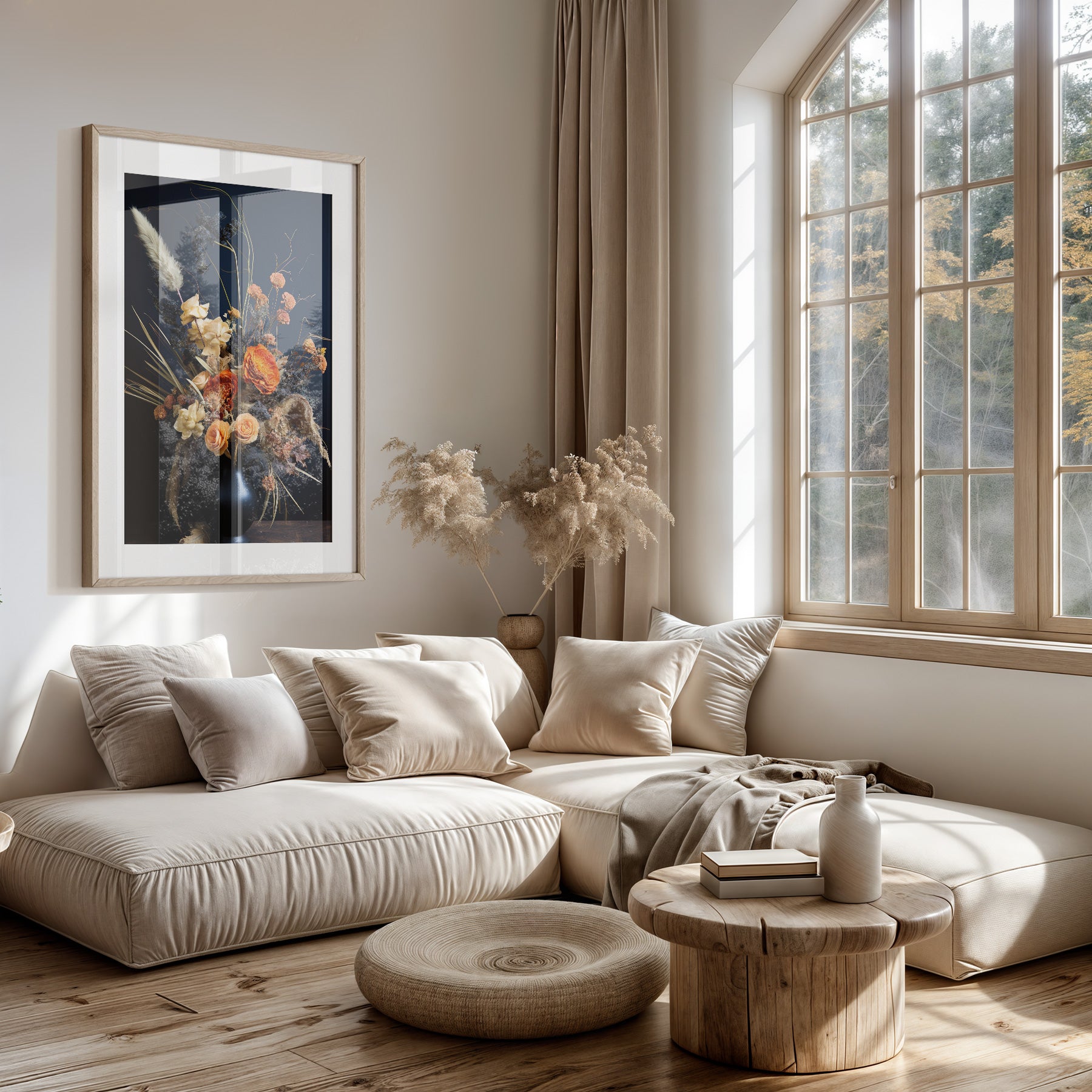 Papieren poster Bloemen 12 boven een lichte bank in een woonkamer.
