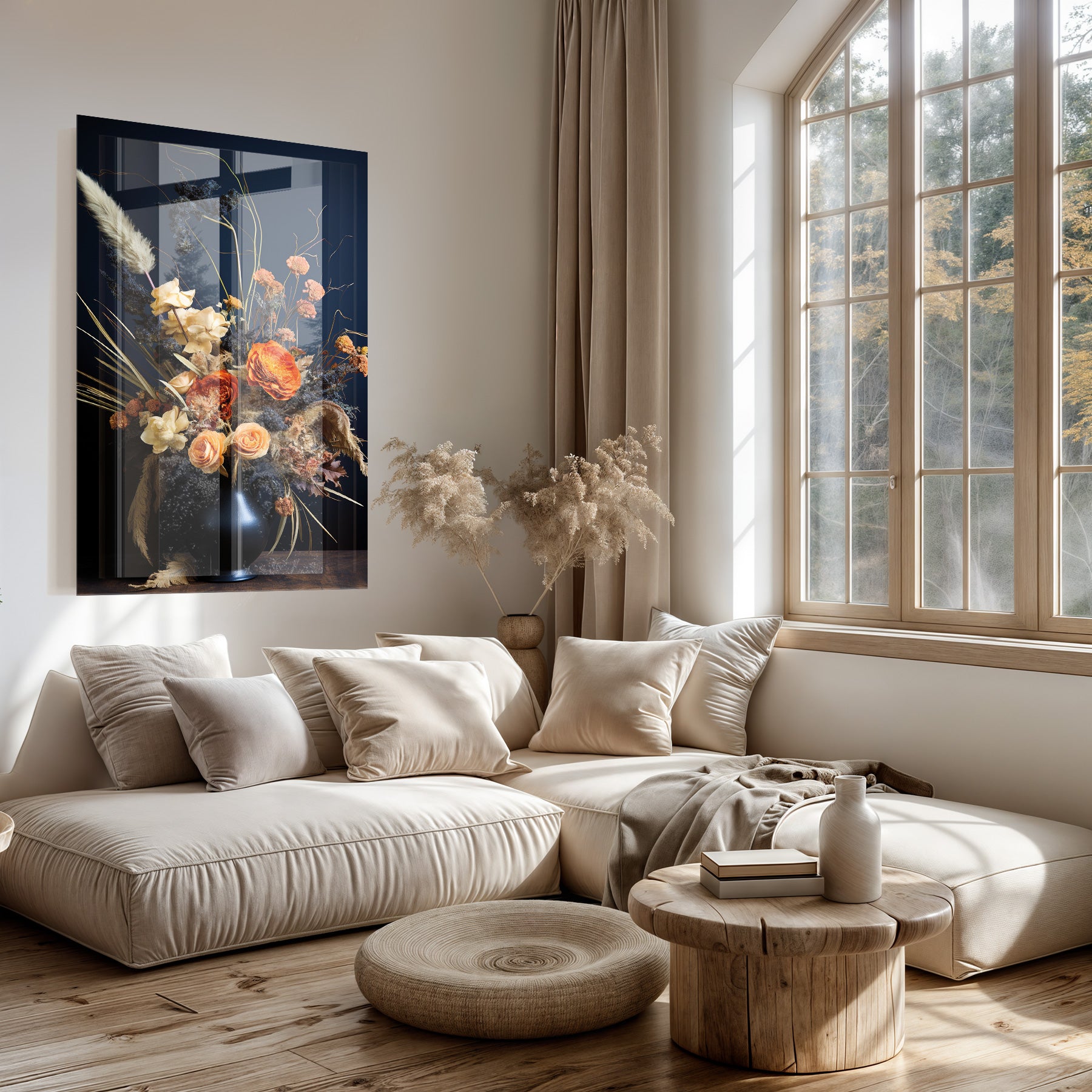 Plexiglas schilderij Bloemen 12 boven een lichte bank in een woonkamer.