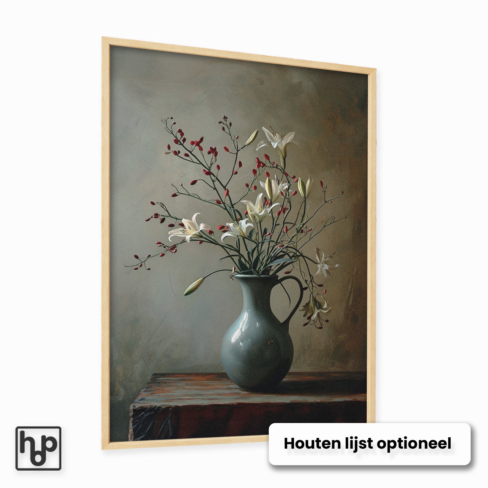 Vintage bloemenposter met witte lelies en rode takken in grijze vaas, optioneel houten lijst.