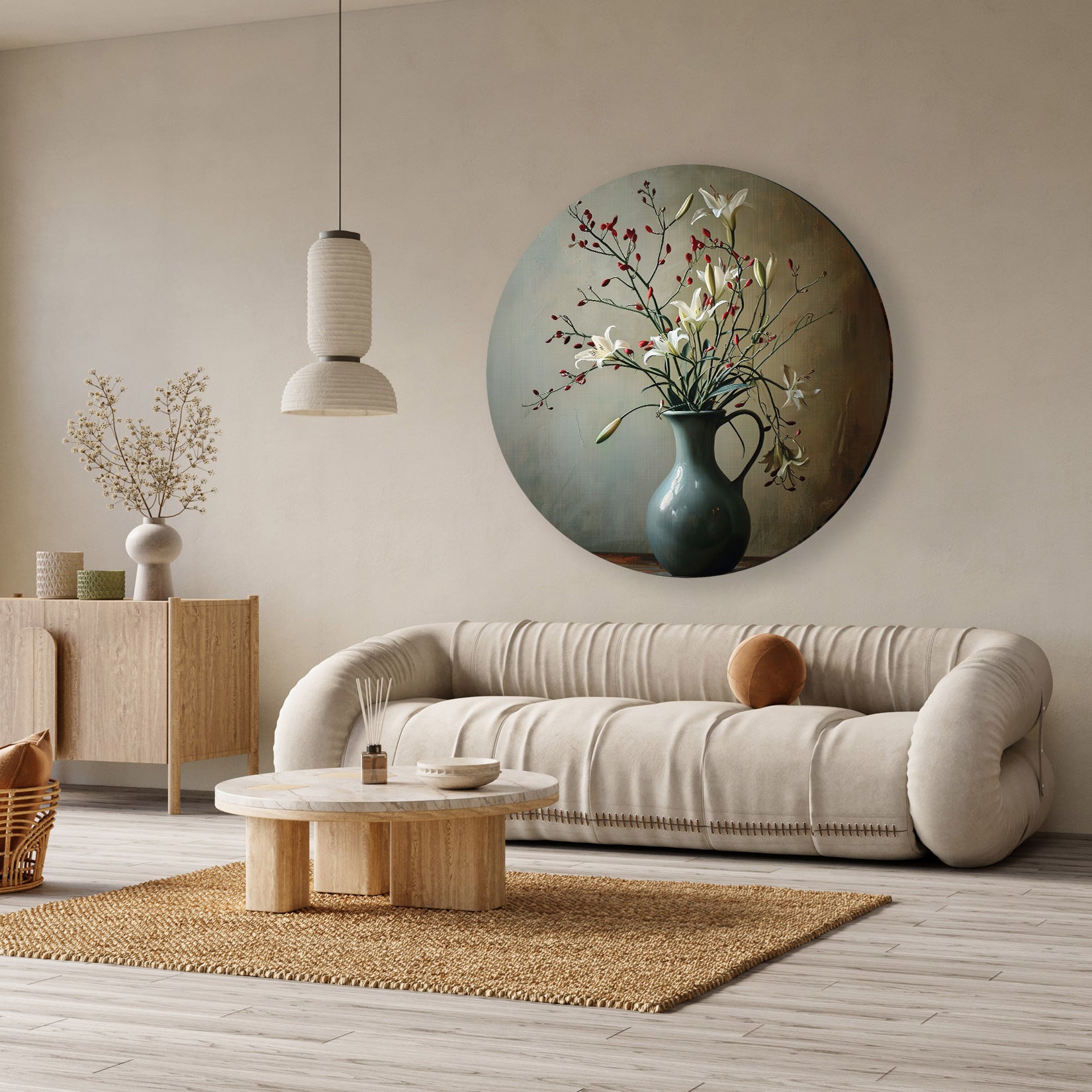 Ronde aluminium dibond muurcirkel met bloemenvaas, witte en rode bloemen, boven een beige bank.