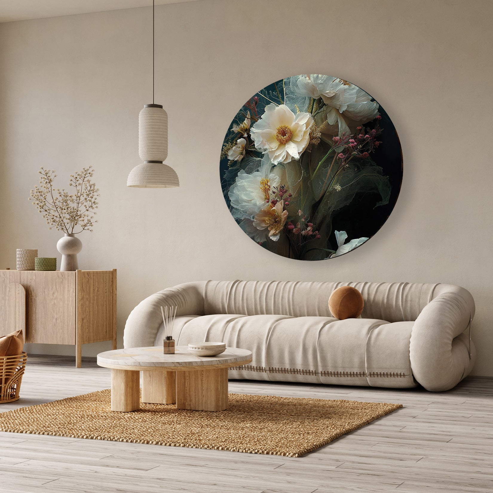 Aluminium muurcirkel Bloemen 14 boven een beige bank in een lichte woonkamer.