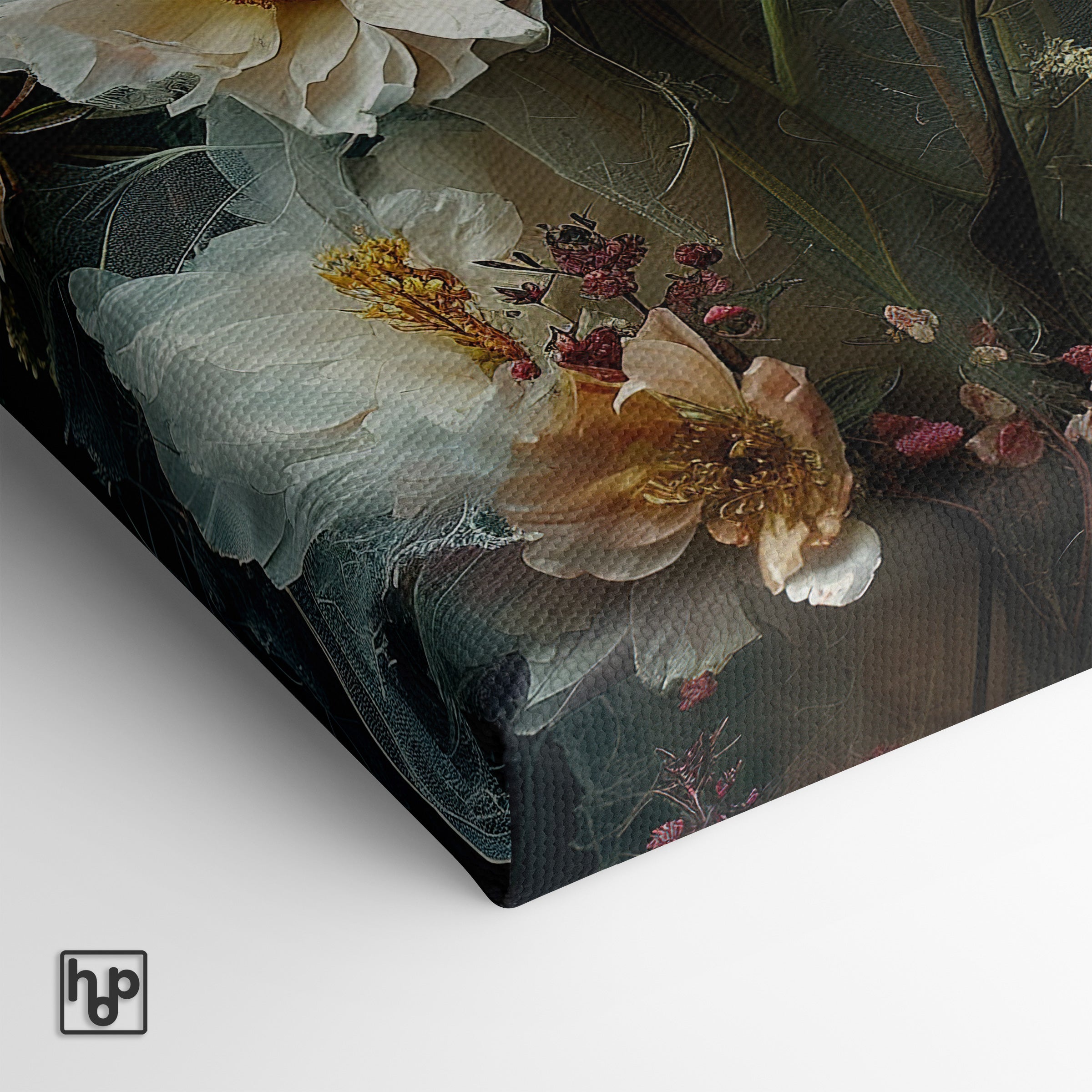 Detail van canvas schilderij Bloemen 14 met doekstructuur en meegeprinte zijkant.