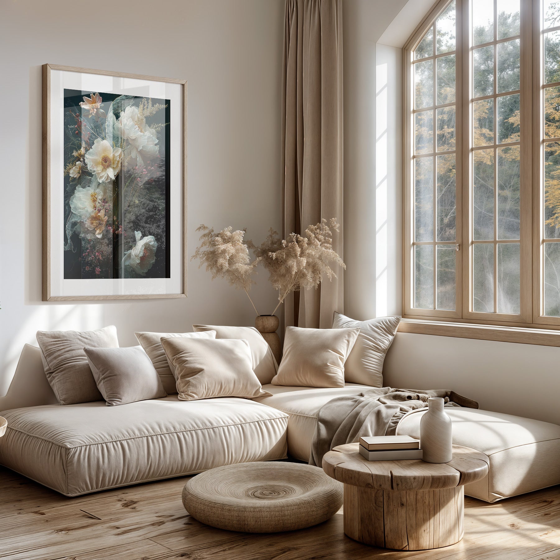 Papieren poster Bloemen 14 boven een lichte bank in een woonkamer.