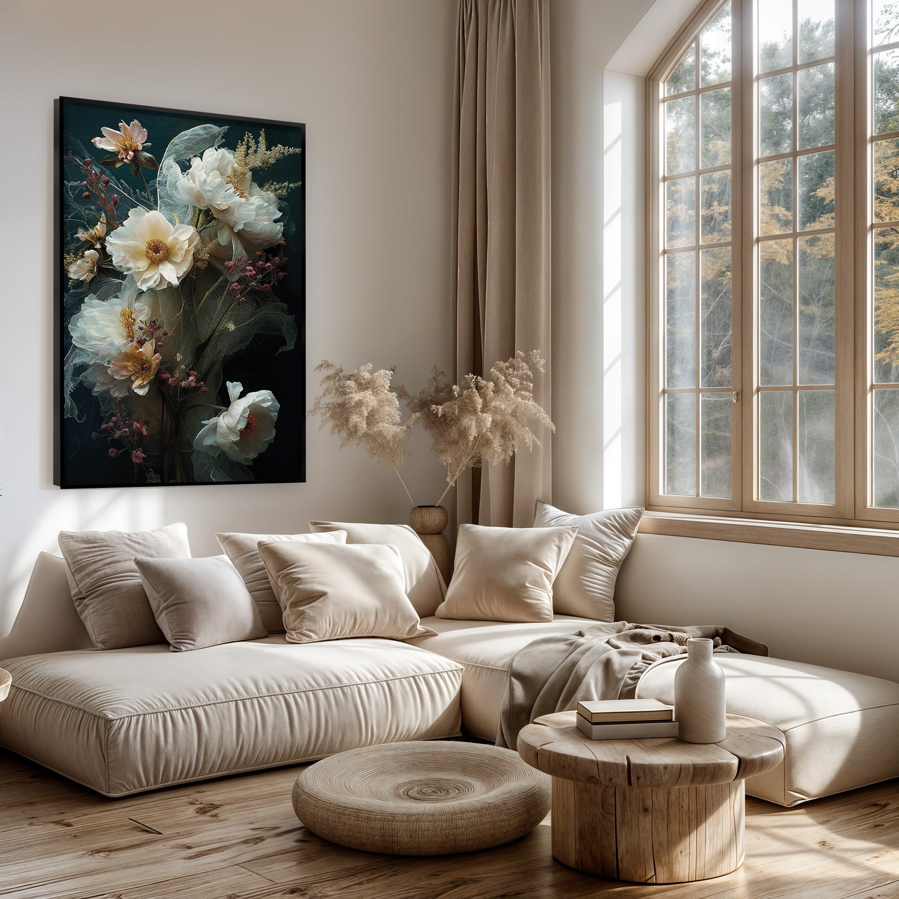 Artframe Bloemen 14 boven een lichte bank in een woonkamer.