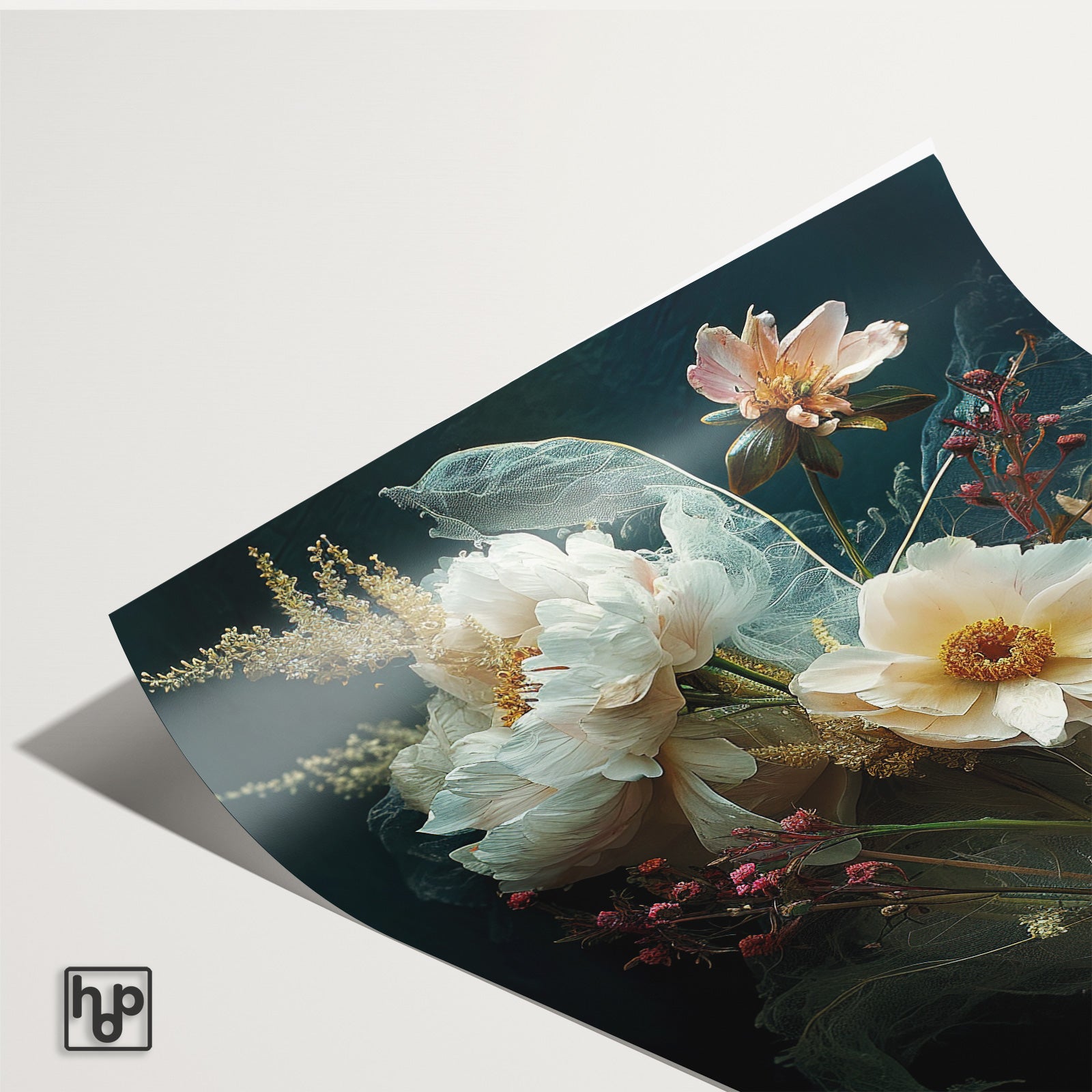 Detail van papieren poster Bloemen 14 met een licht omkrullende hoek.
