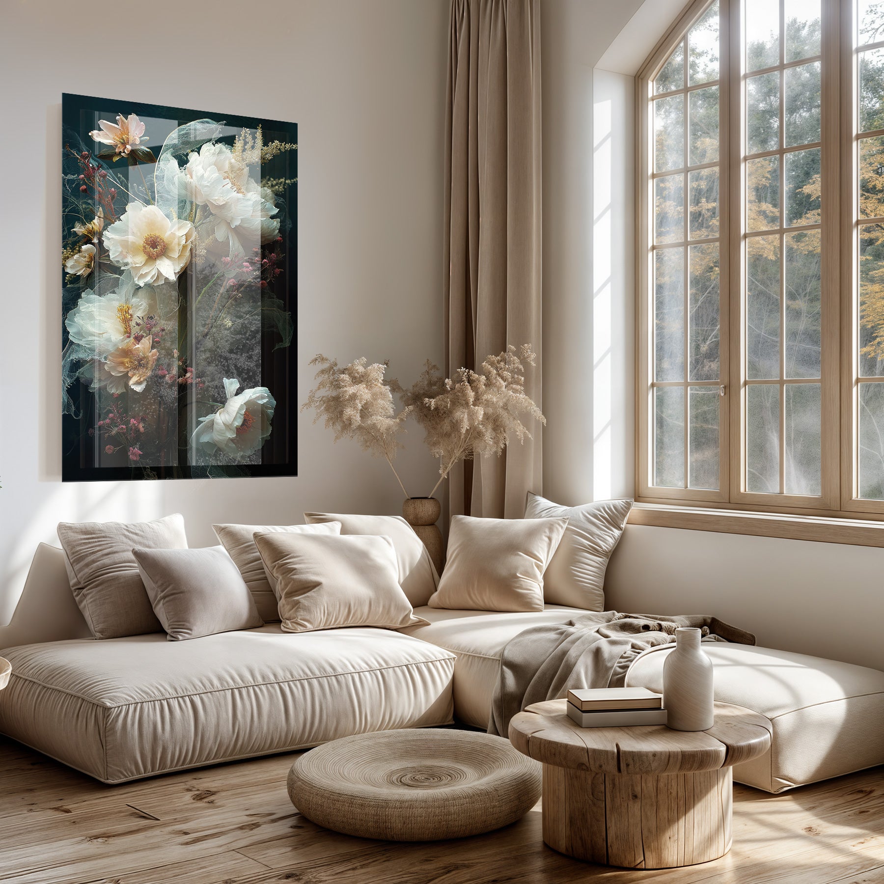Plexiglas schilderij Bloemen 14 boven een lichte bank in een woonkamer.