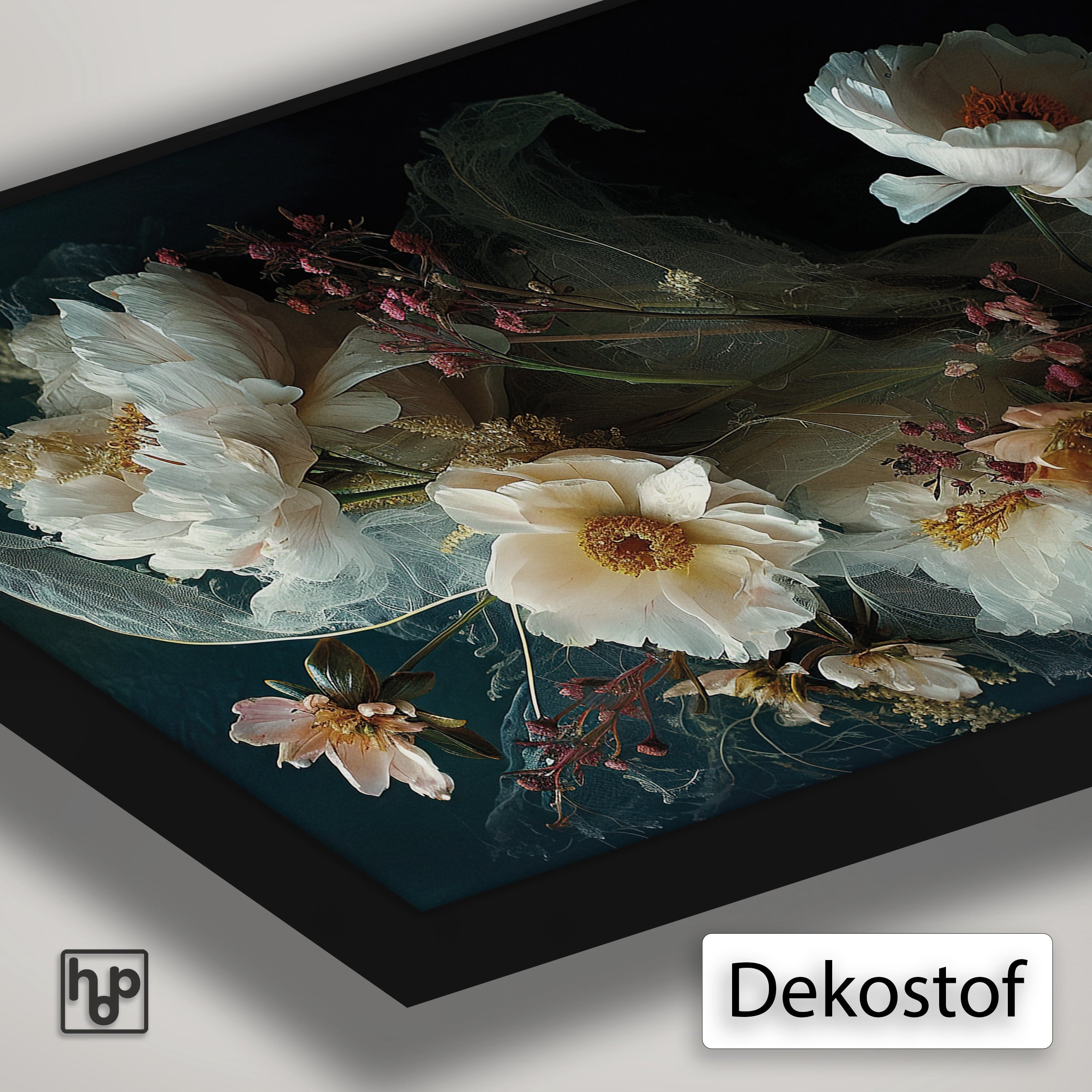 Detail van Artframe Bloemen 14 met dekostof en een zwart aluminium frame.