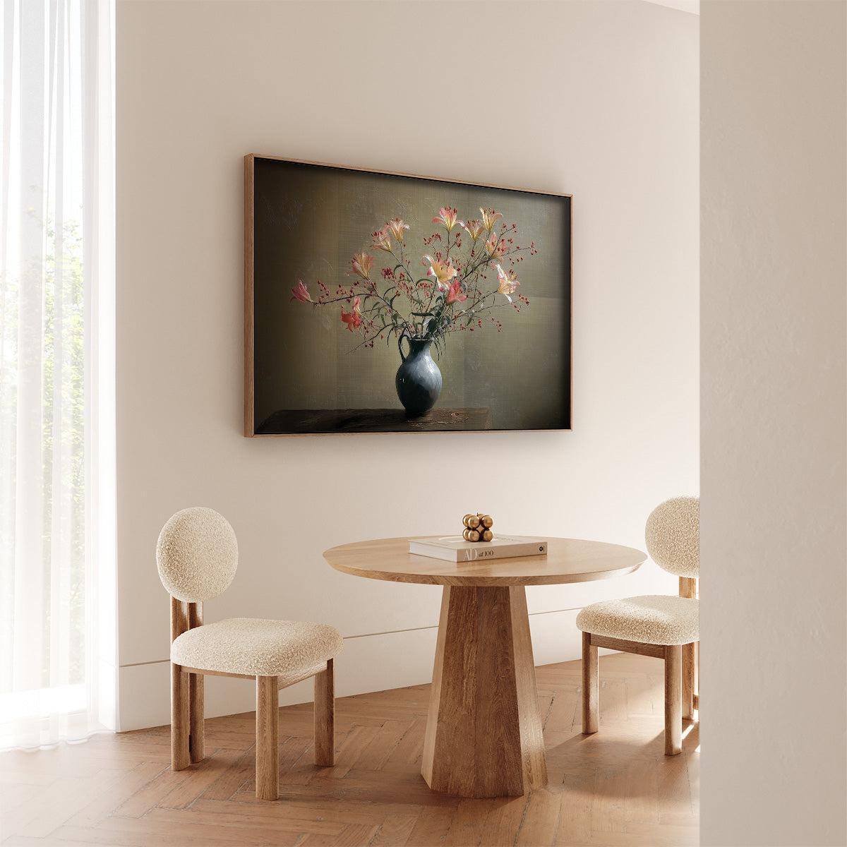 Papieren poster Bloemen 15 aan de muur bij een ronde houten eettafel.