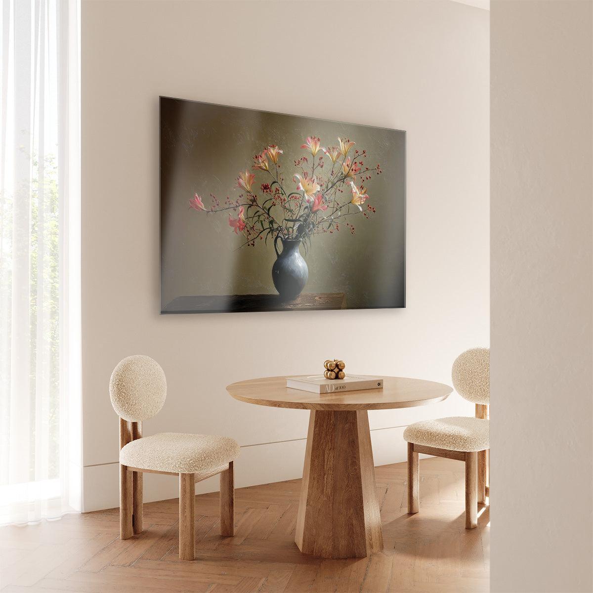 Plexiglas schilderij Bloemen 15 aan de muur bij een ronde houten eettafel.