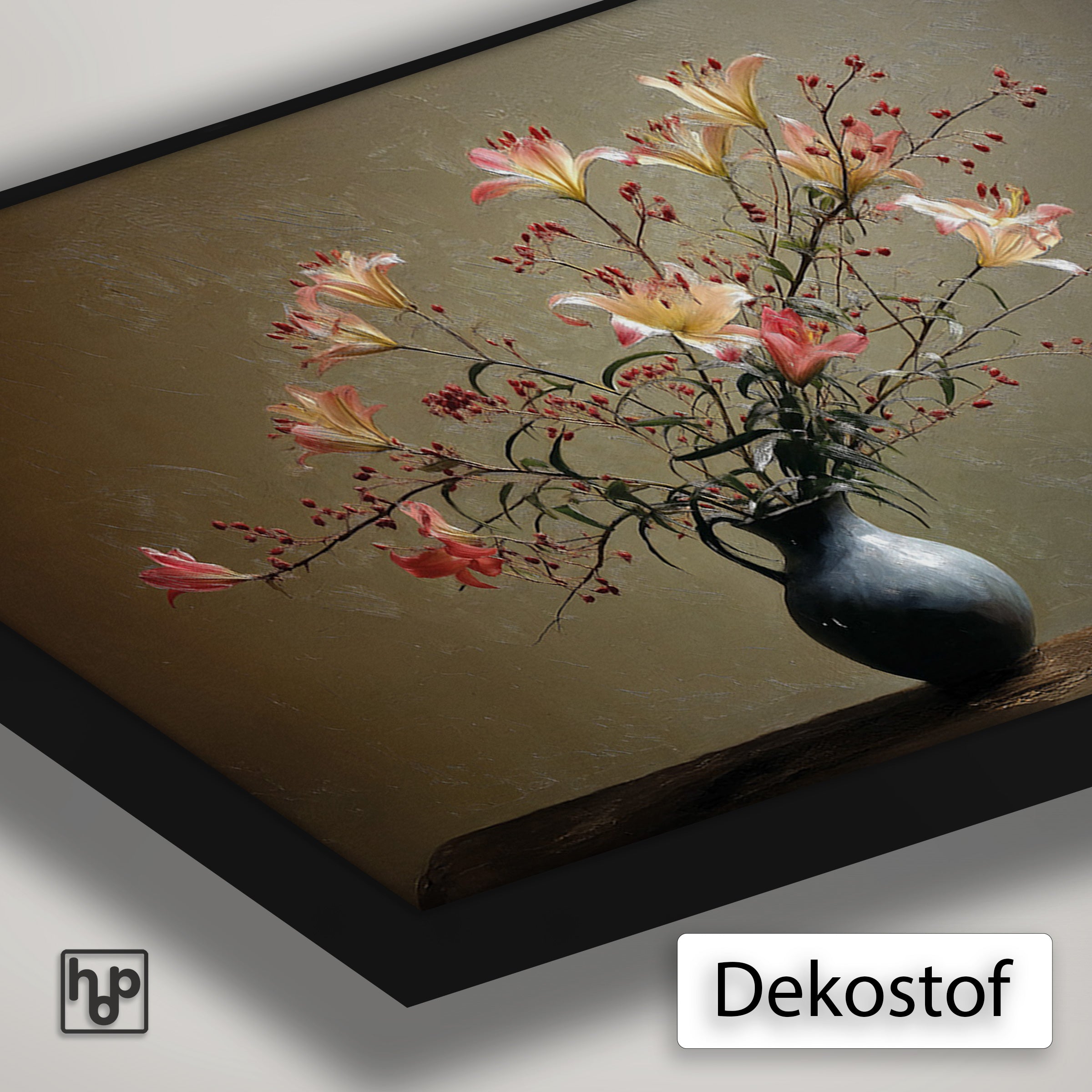 Detail van Artframe Bloemen 15 met dekostof en een zwart aluminium frame.
