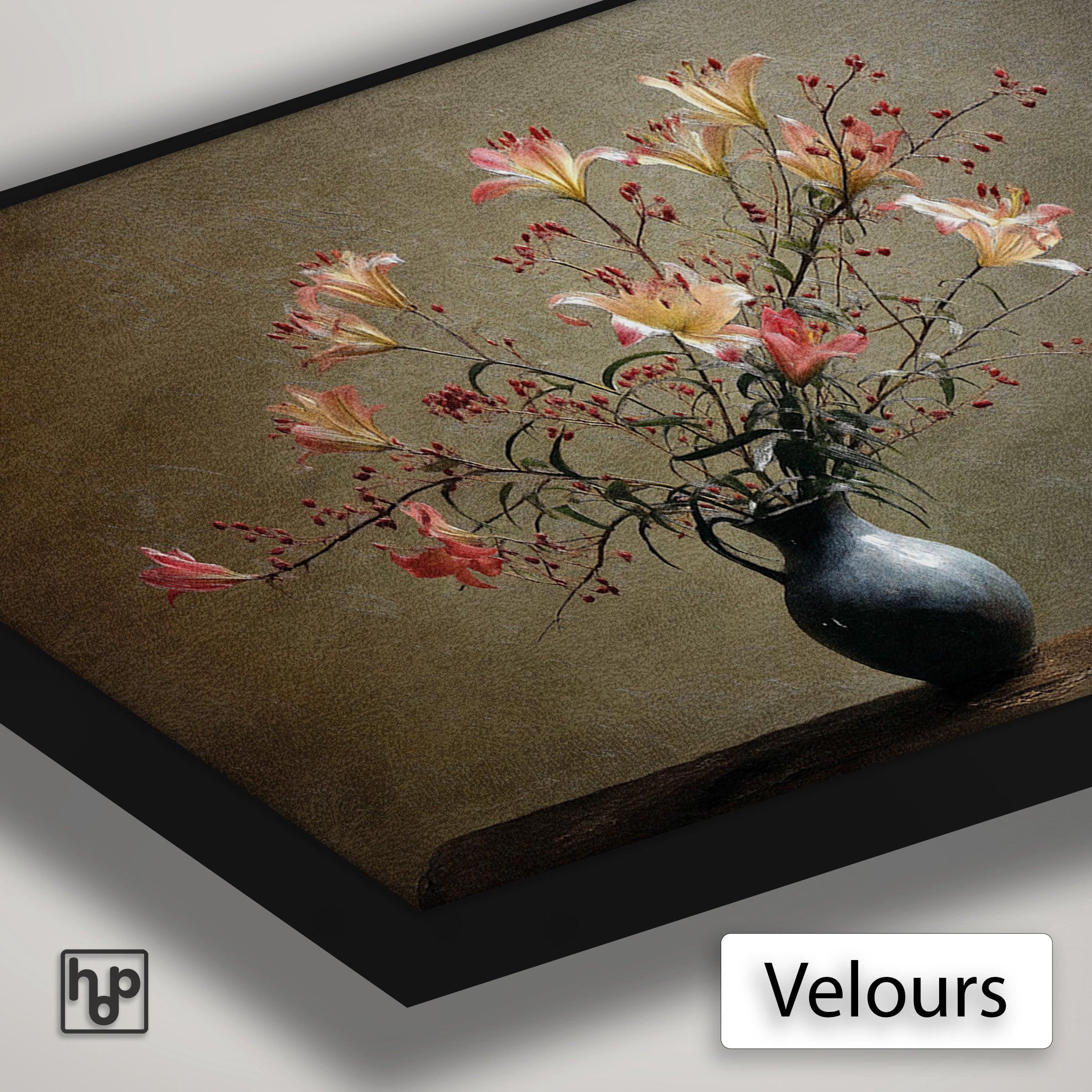 Detail van Artframe Bloemen 15 met velours doek en een zwart aluminium frame.