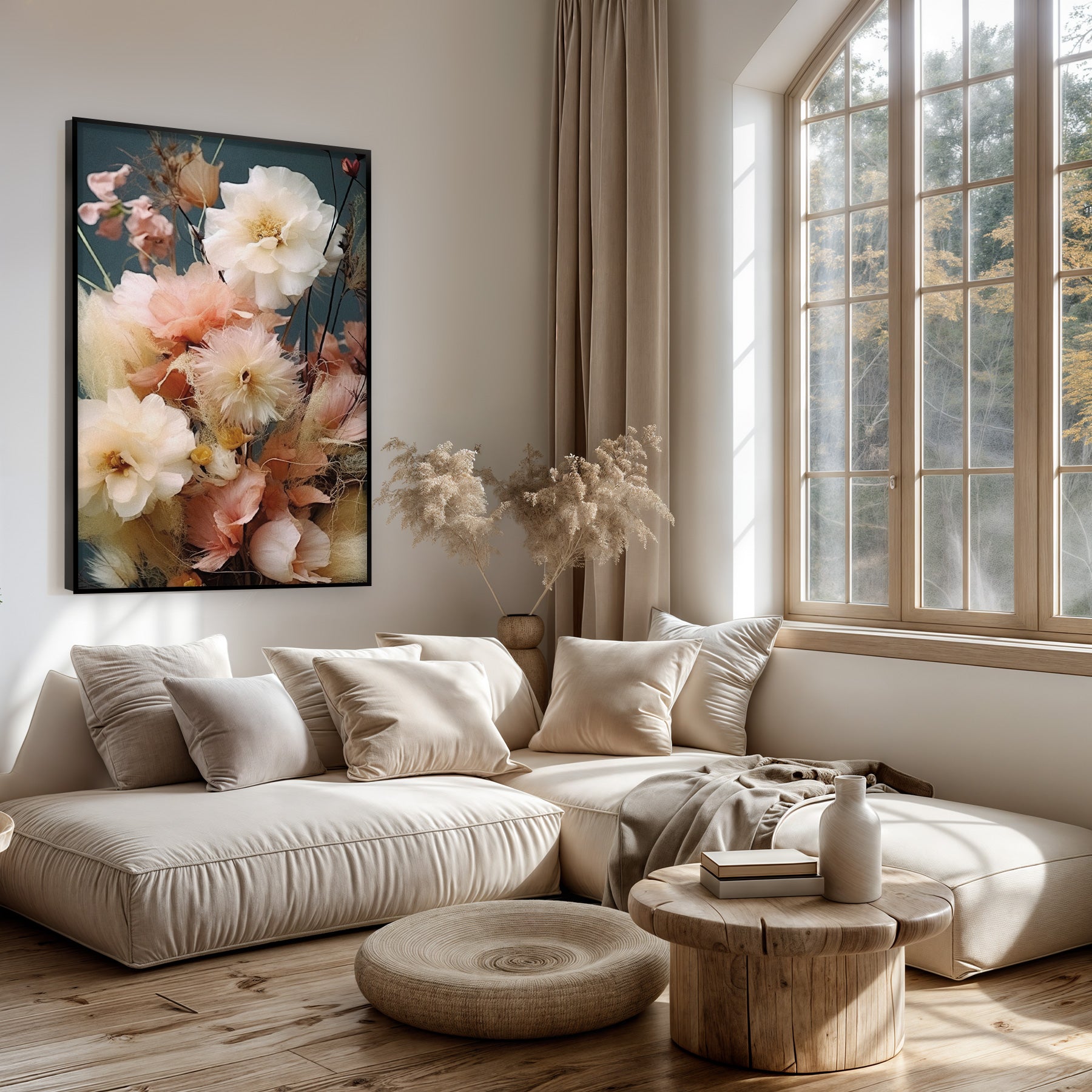 Artframe Bloemen 9 boven een lichte bank in een woonkamer.
