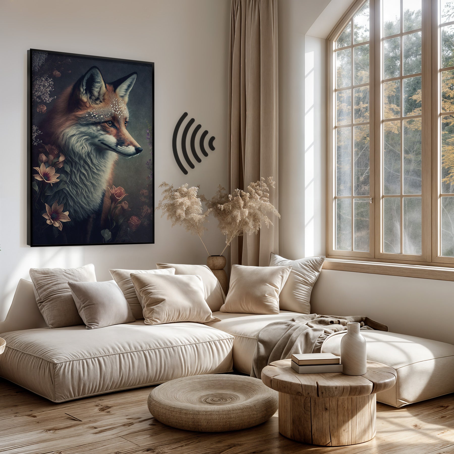 Akoestisch paneel Vos 2 boven een lichte bank in een woonkamer.