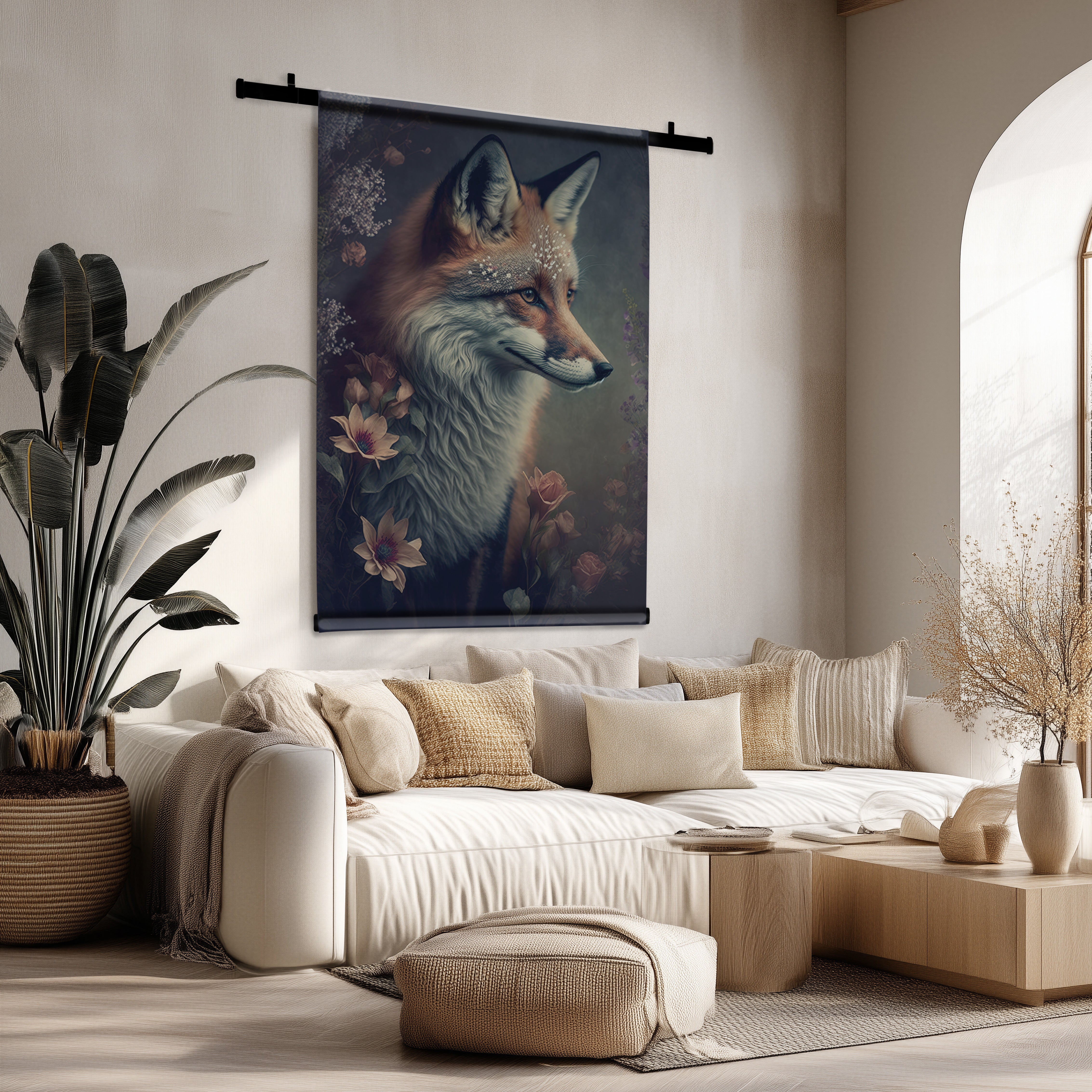 Stijlvol wandkleed met vosmotief en bloemen, hangend boven een beige bank in een modern interieur.