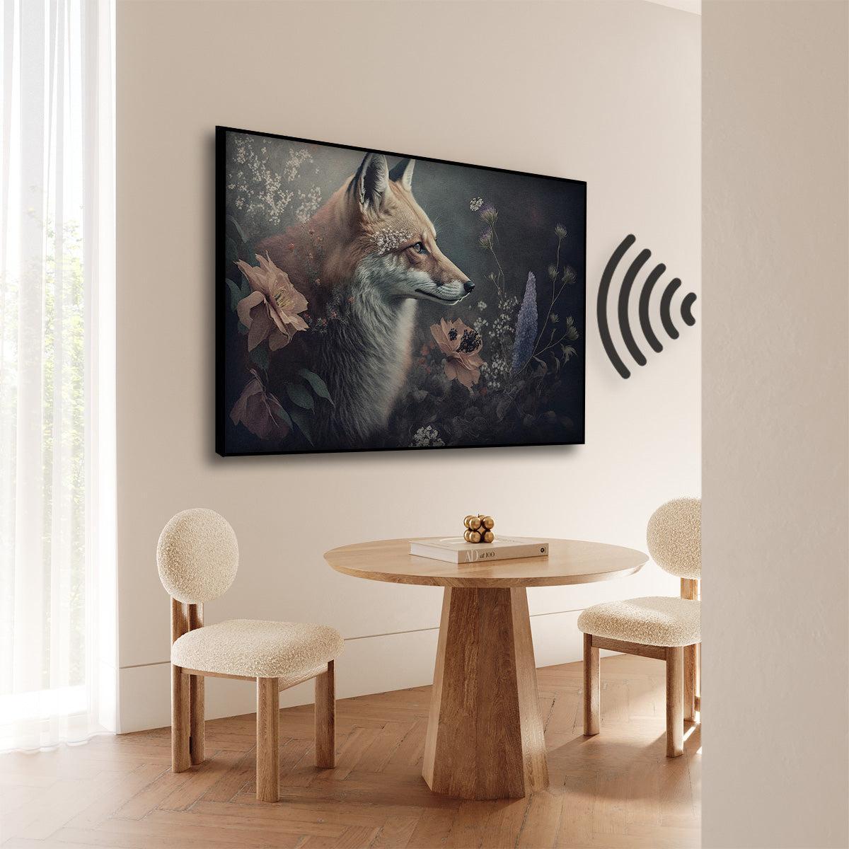 Akoestisch paneel Vos 3 aan de muur bij een ronde houten eettafel.