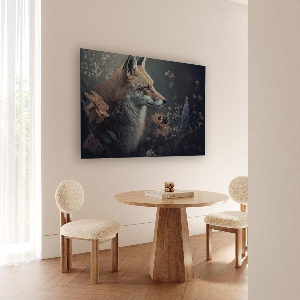 Aluminium Dibond schilderij Vos 3 aan de muur bij een ronde houten eettafel.