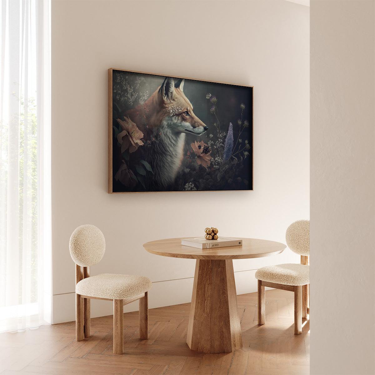 Papieren poster Vos 3 aan de muur bij een ronde houten eettafel.