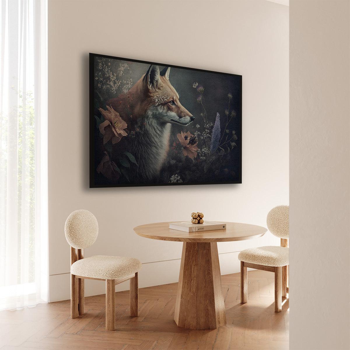 Artframe Vos 3 aan de muur bij een ronde houten eettafel.