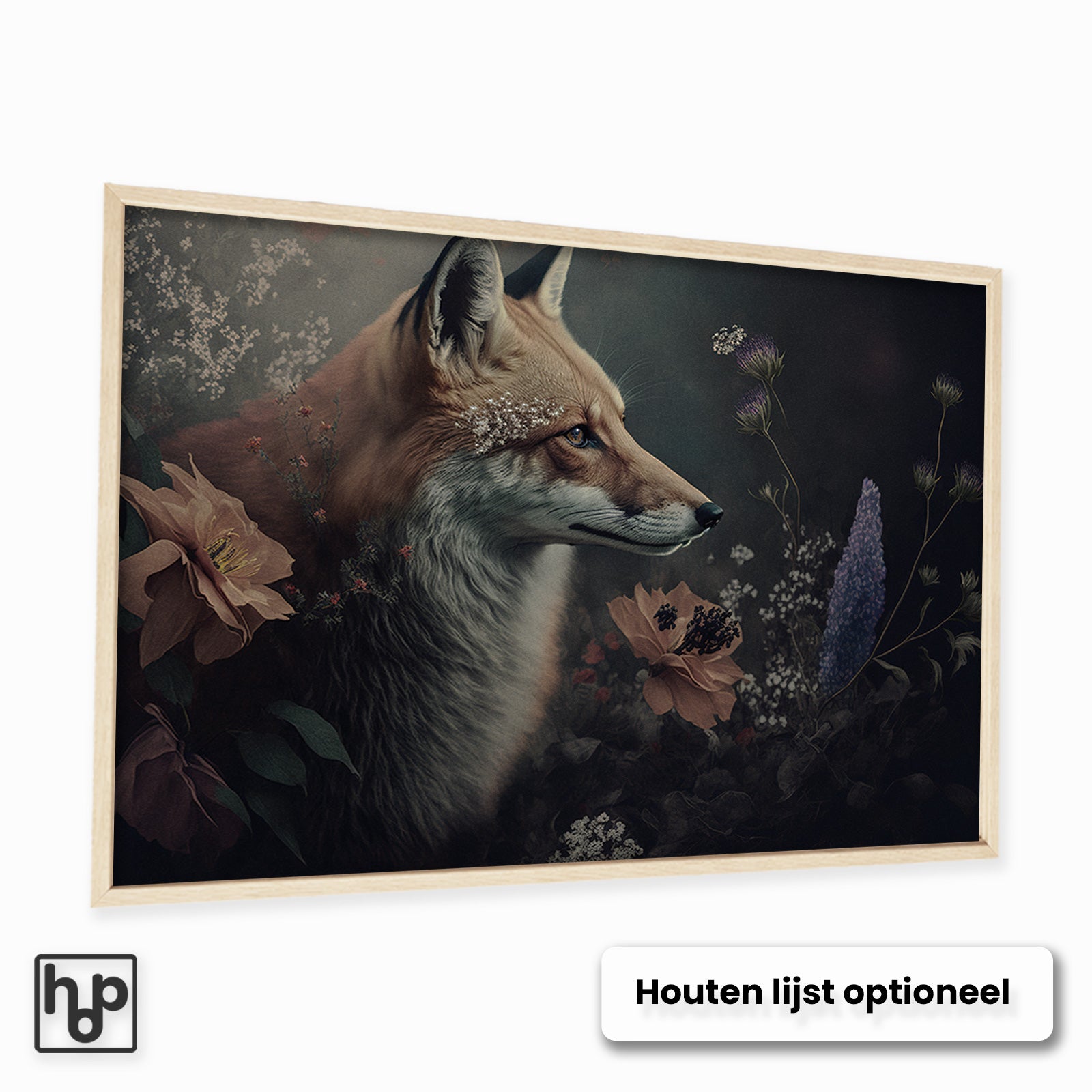 Aluminium Dibond schilderij Vos 3 met een optionele naturel houten lijst.