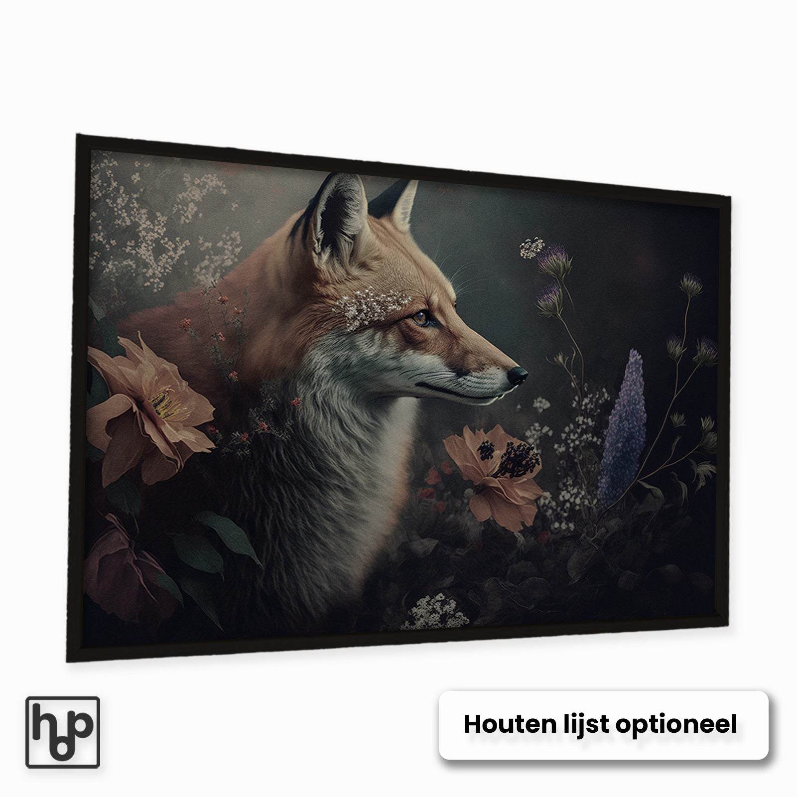 Aluminium Dibond schilderij Vos 3 met een optionele zwarte houten lijst.