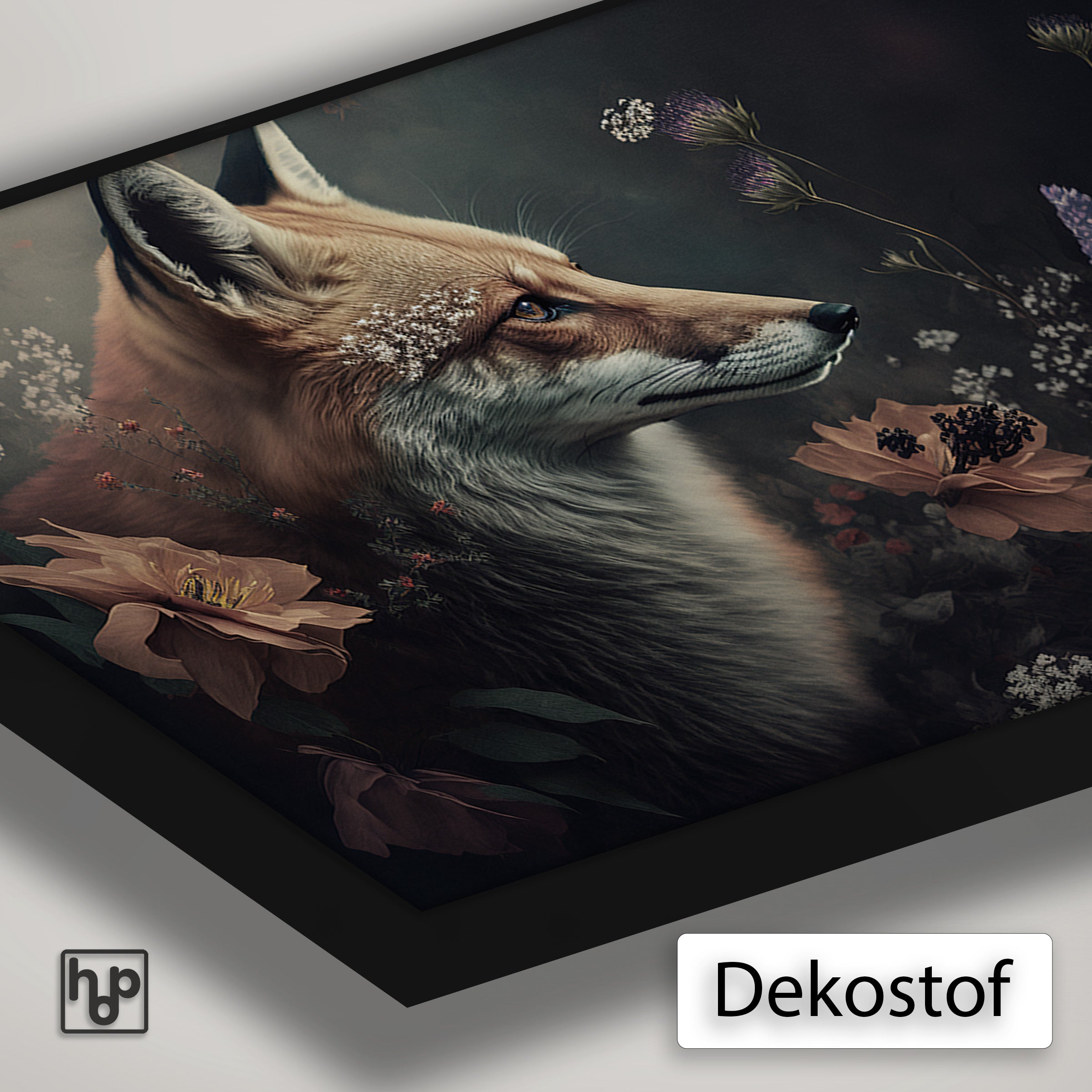 Detail van Artframe Vos 3 met dekostof en een zwart aluminium frame.