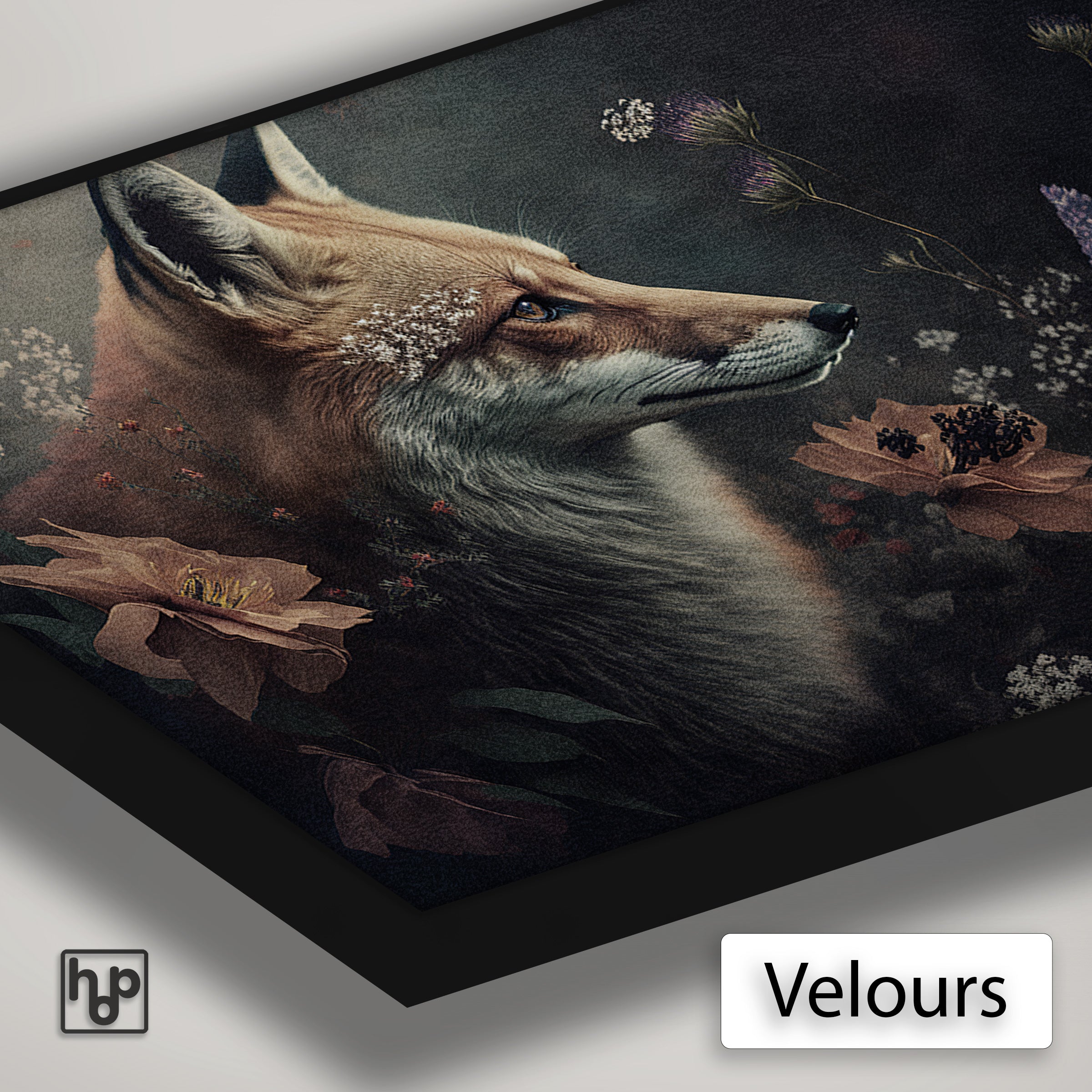 Detail van Artframe Vos 3 met velours doek en een zwart aluminium frame.