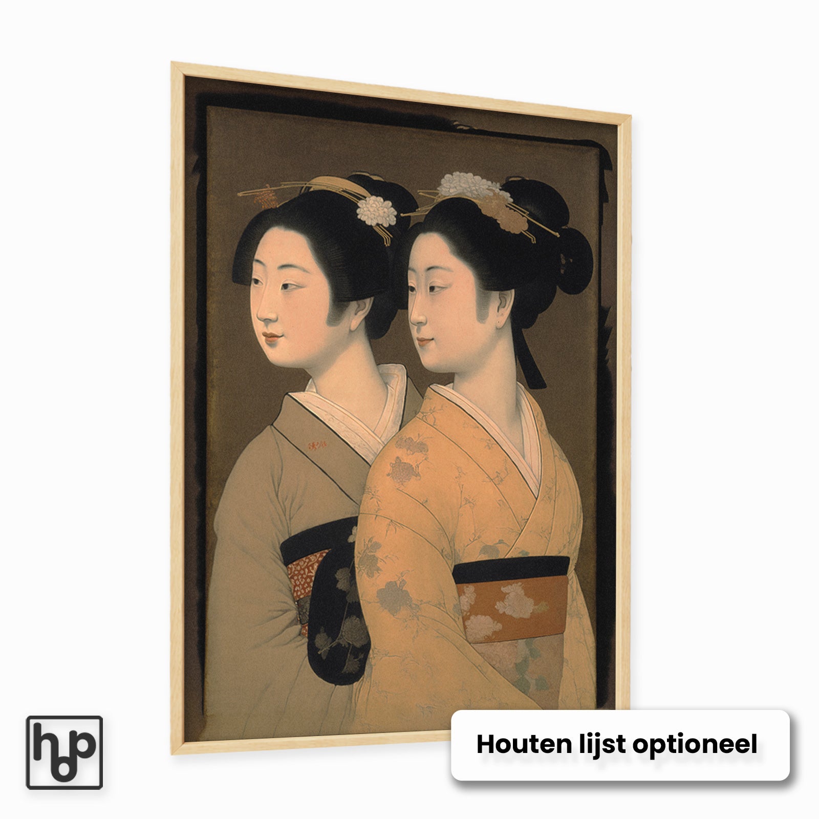 Aluminium Dibond schilderij Geisha's met een optionele naturel houten lijst.