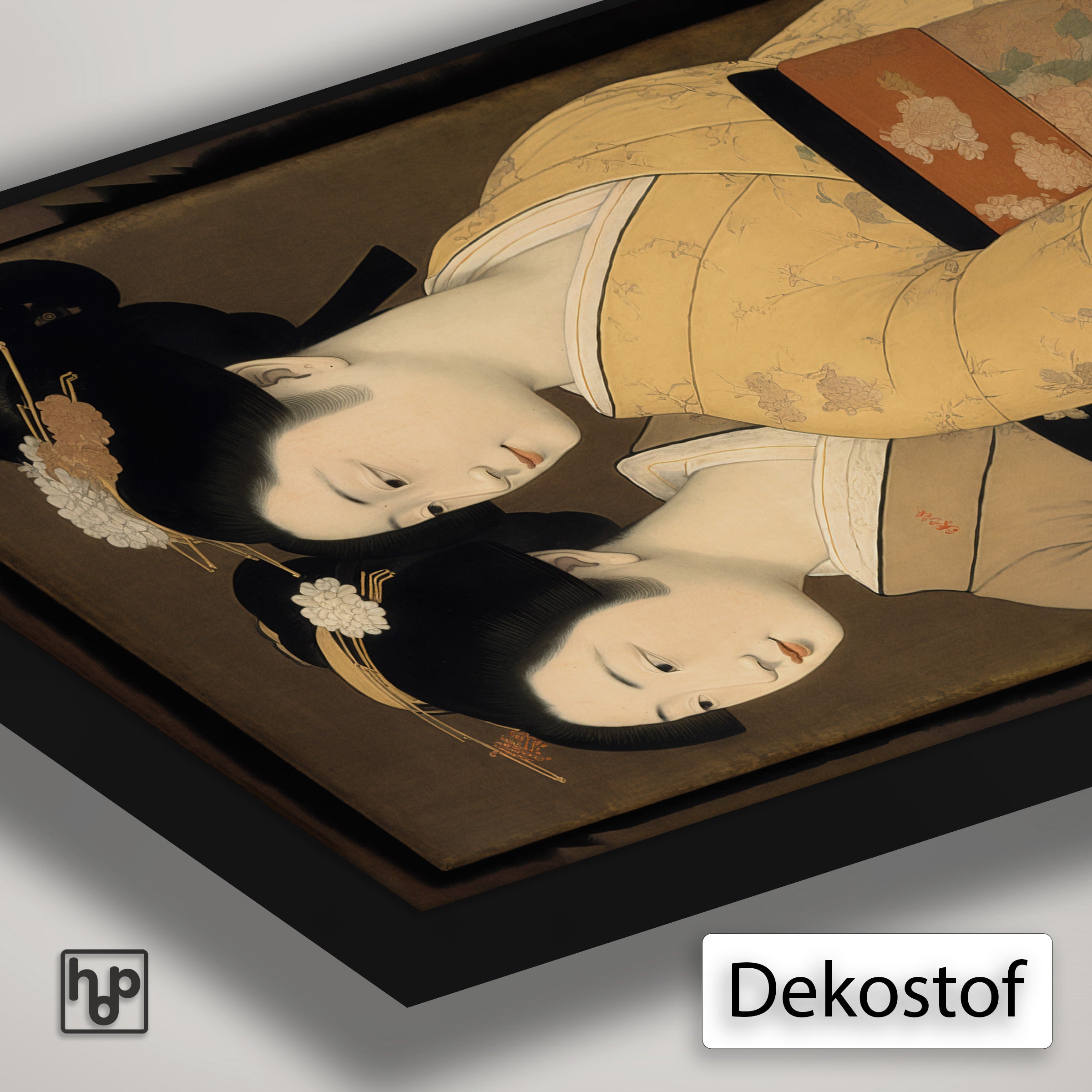 Detail van Artframe Geisha's met dekostof en een zwart aluminium frame.