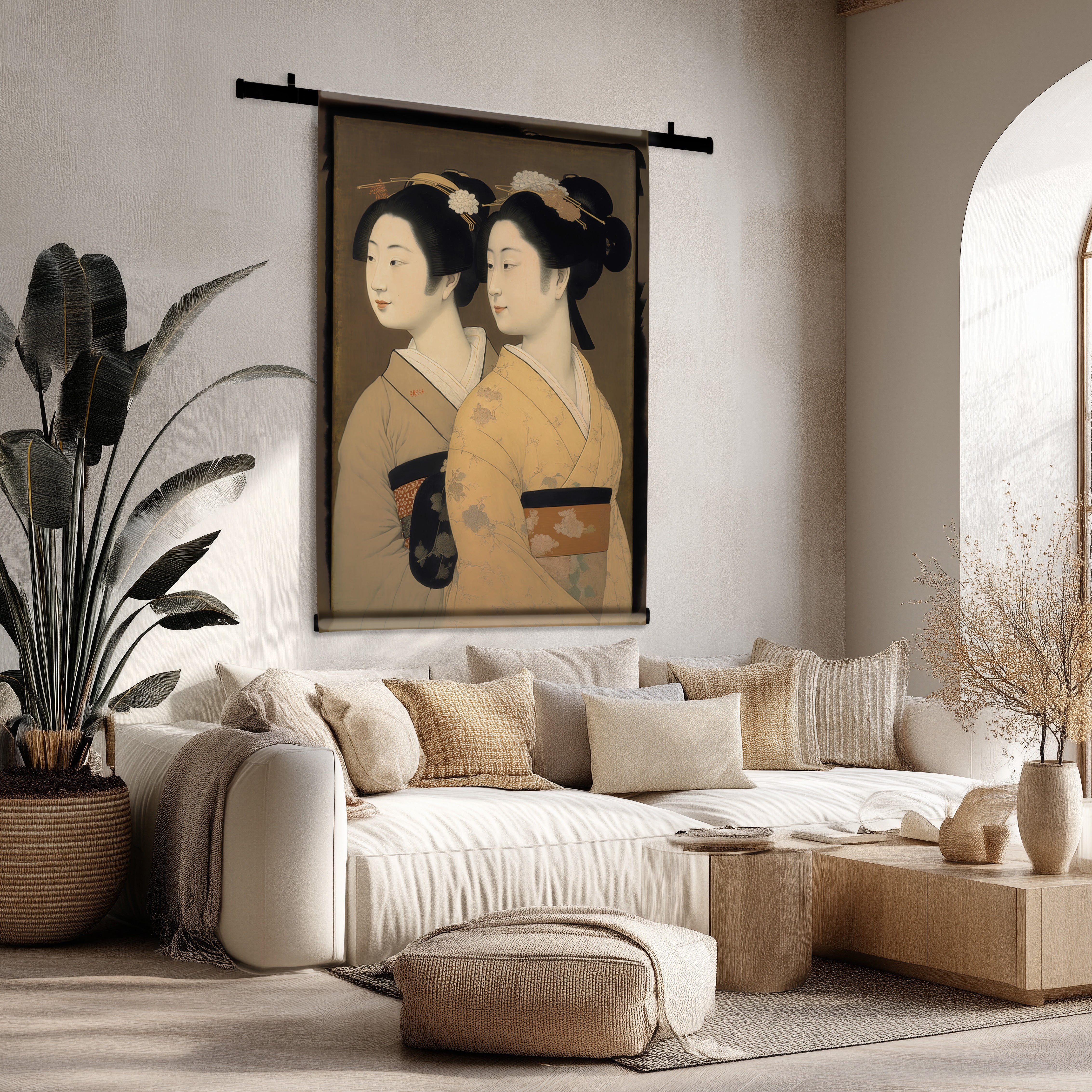 Wandkleed met twee Geisha's in kimono's, hangend boven een beige bank in een moderne woonkamer.