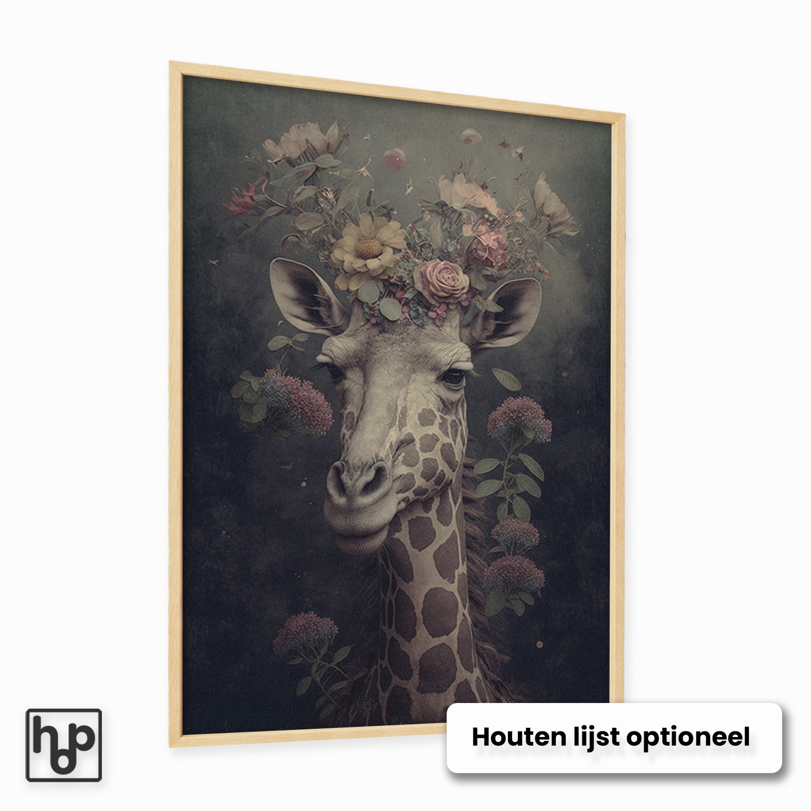 Aluminium Dibond schilderij Giraf met een optionele naturel houten lijst.