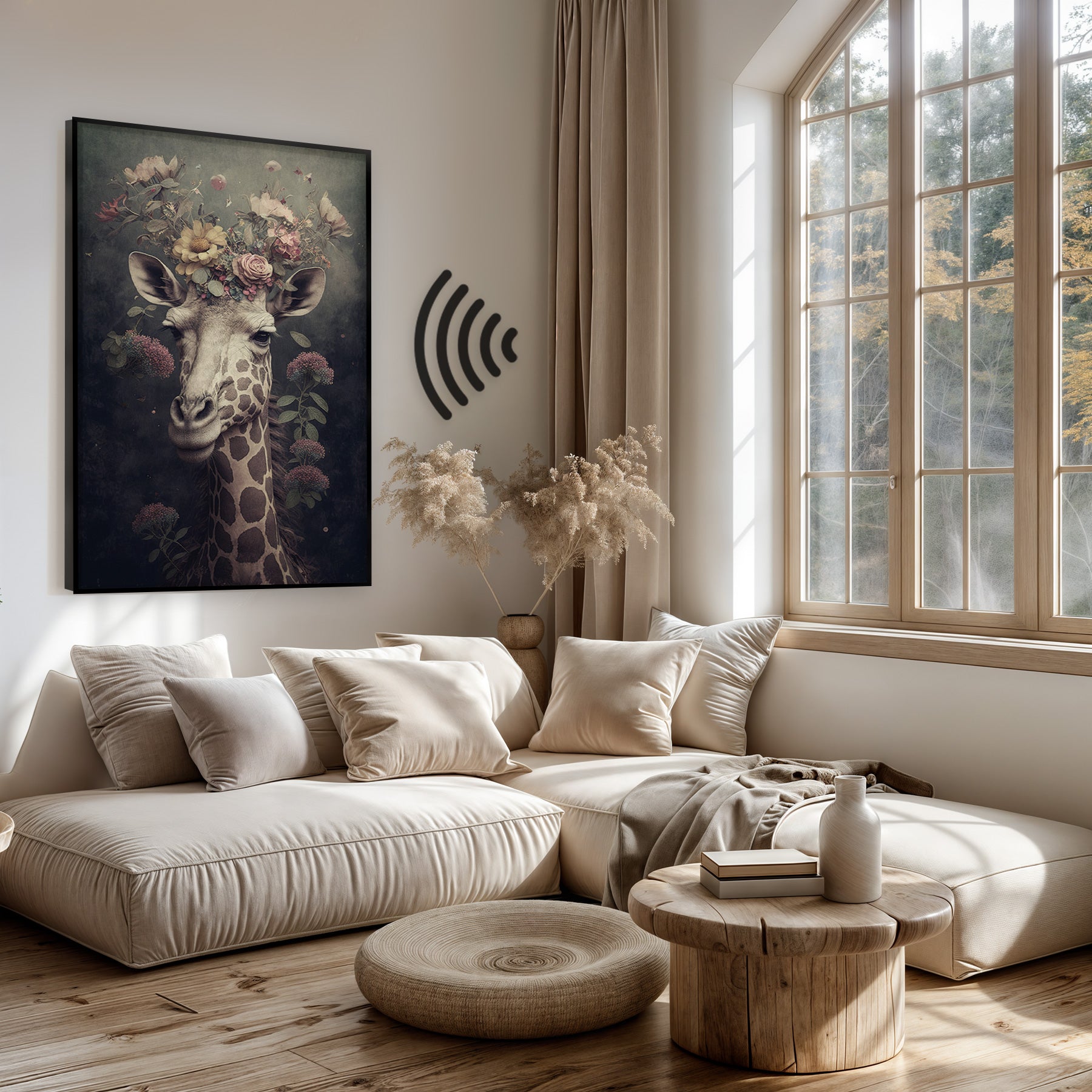 Akoestisch paneel Giraf boven een lichte bank in een woonkamer.