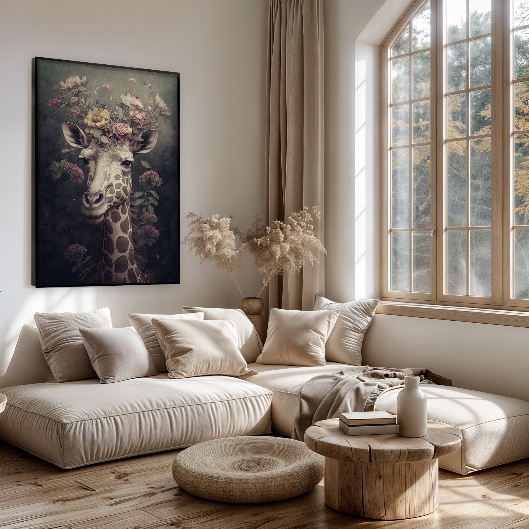 Artframe Giraf boven een lichte bank in een woonkamer.