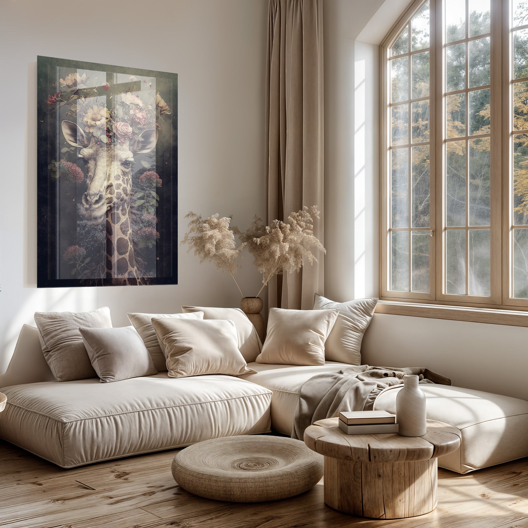 Plexiglas schilderij Giraf boven een lichte bank in een woonkamer.